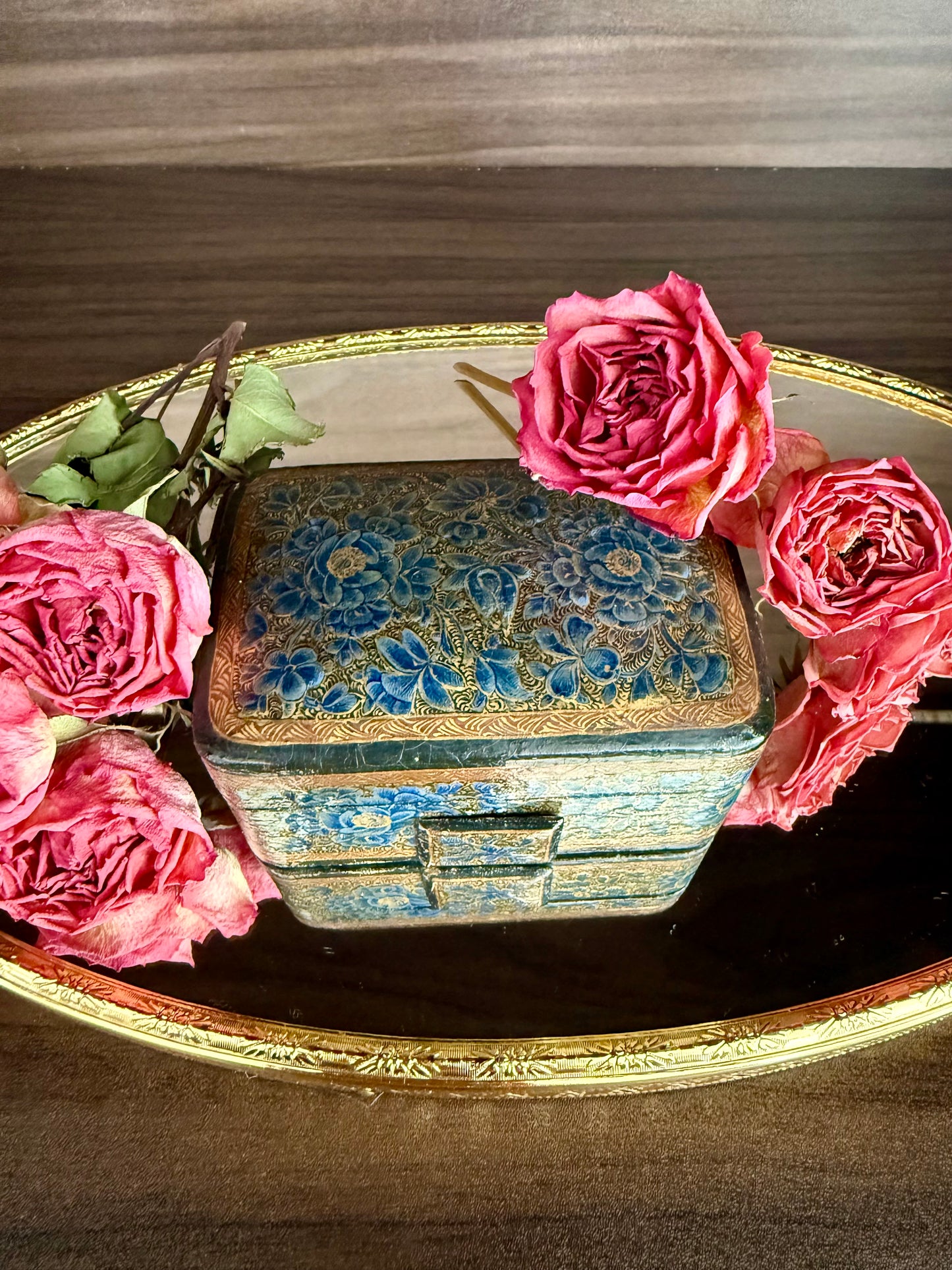 Beautiful Vintage Blue and Gold Hand-Painted Wooden Kashmir Papier-Maché Ring Holder or Jewelry Box