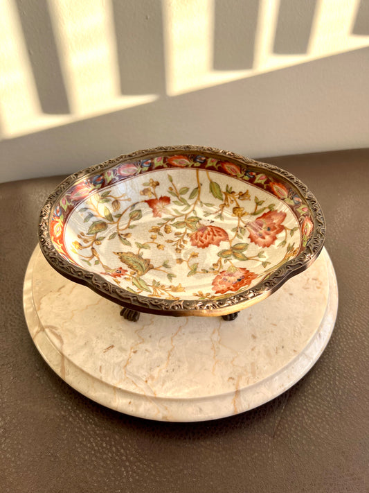 Chinese Hand Painted Vintage Floral Porcelain Bowl with Ornate Brass Claw Feet