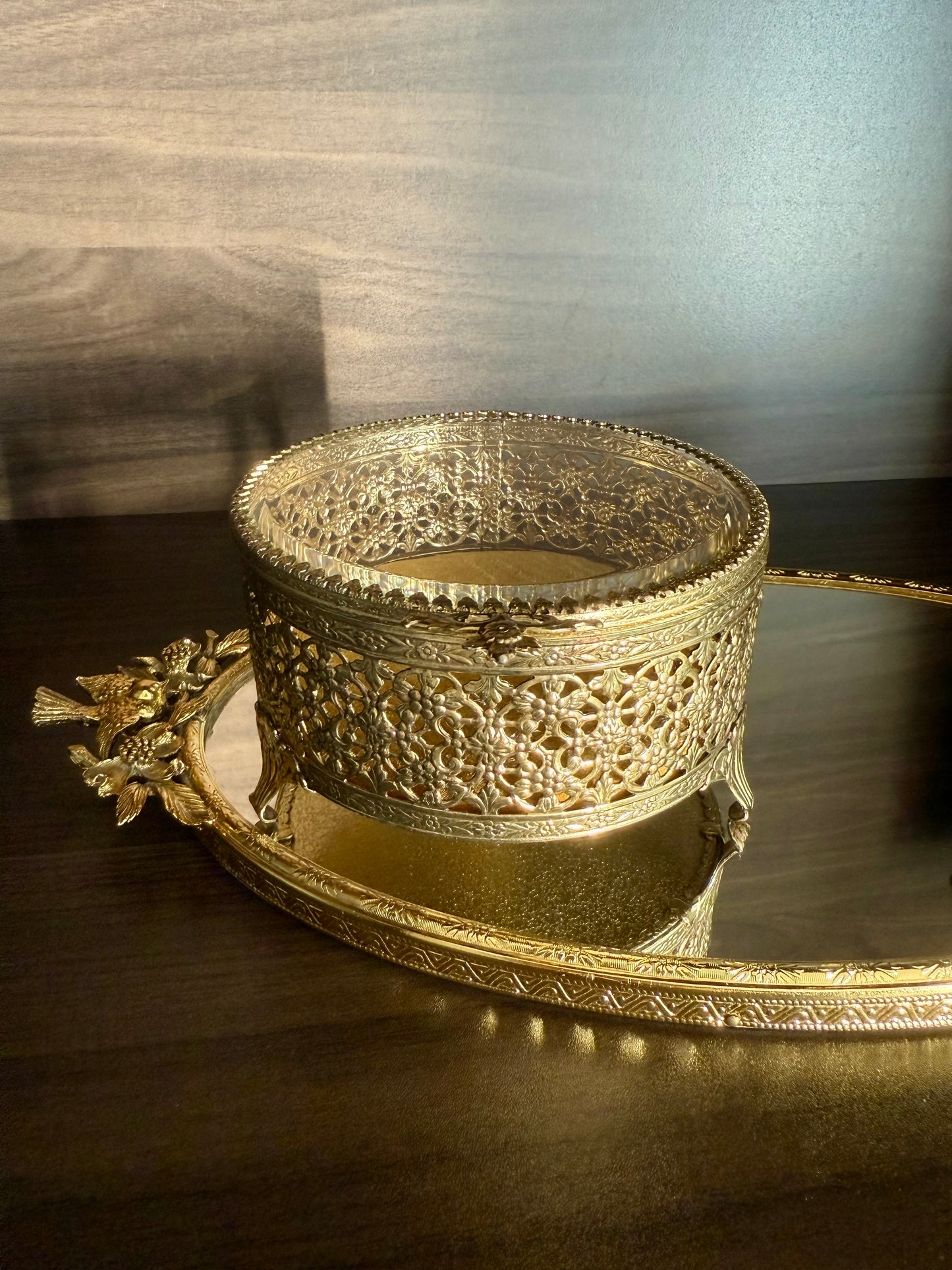 Hollywood Regency Style Vintage Round Gold Filigree Ormolu Glass Top Jewelry/ Trinket Box Footed