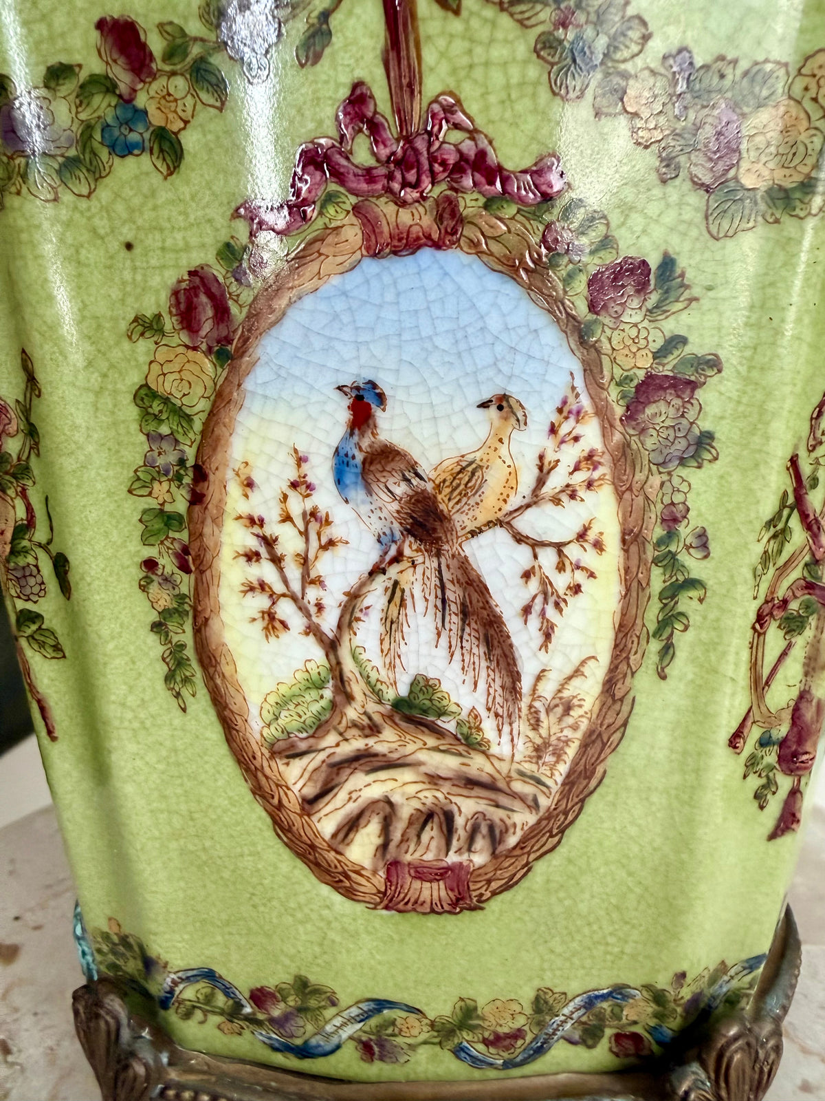 Antique Green Pheasant Bird and Floral Garland Porcelain Brass Footed Cache Pot or Jardiniere