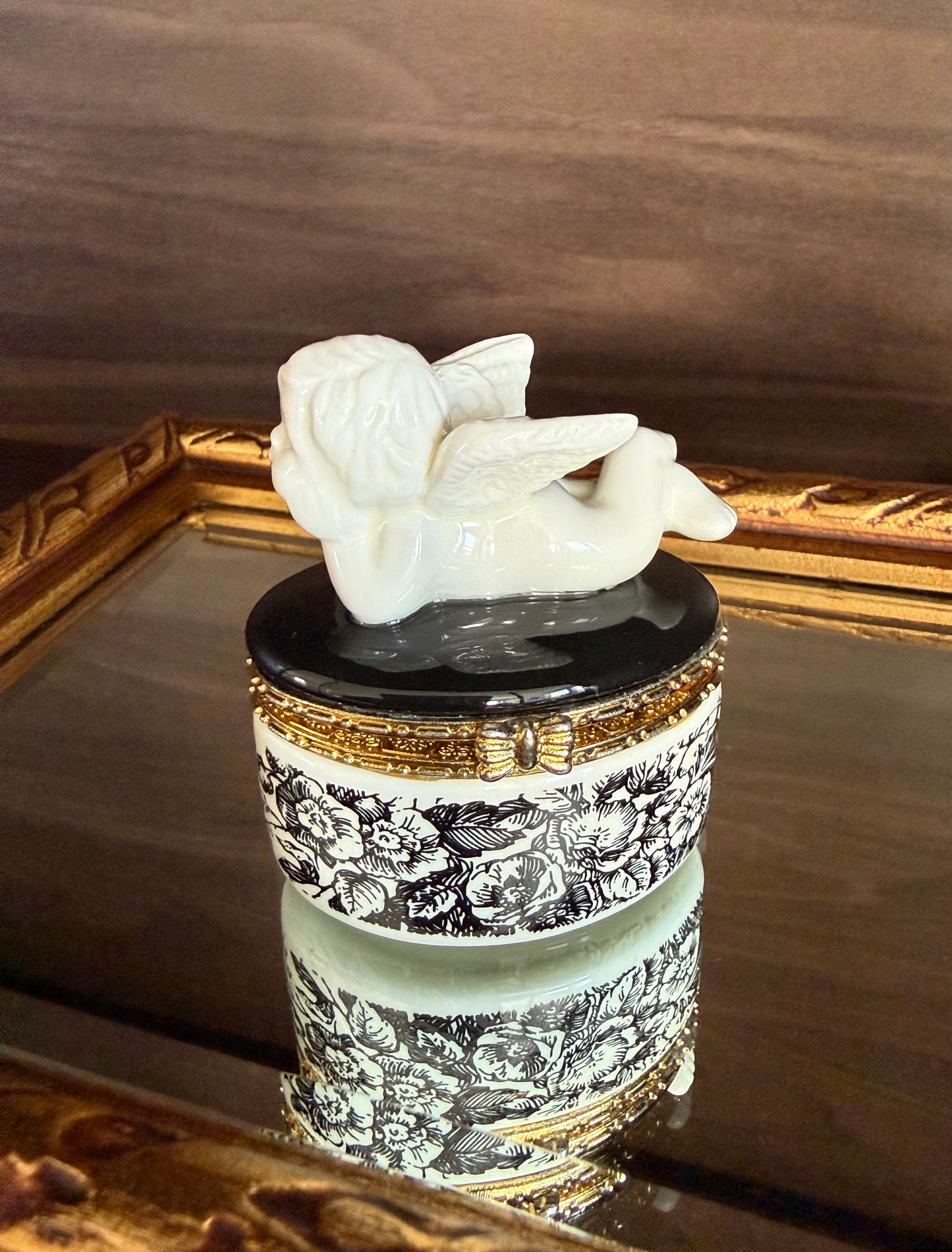 Angel Cherub Black and White Porcelain Vintage Mini Hinged Jewelry, Pill or Trinket Box
