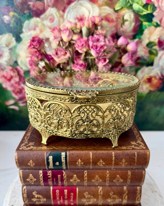 Matson Style Vintage Gold-plated and Glass Hollywood Regency Oval Ormolu Brass Jewelry/ Trinket Box