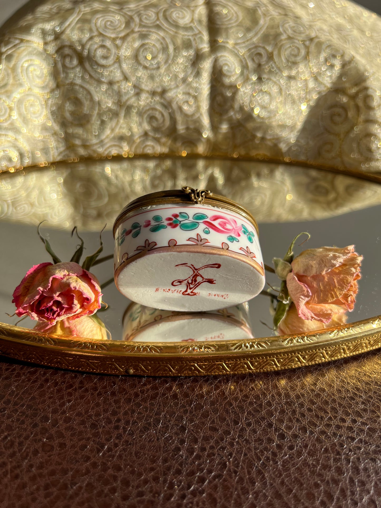 Antique/ Vintage French Oval Porcelain Miniature Jewelry or Pill Box with Decorative Floral Motifs - Double Red LL and ‘Made in France’ Marks on the Bottom