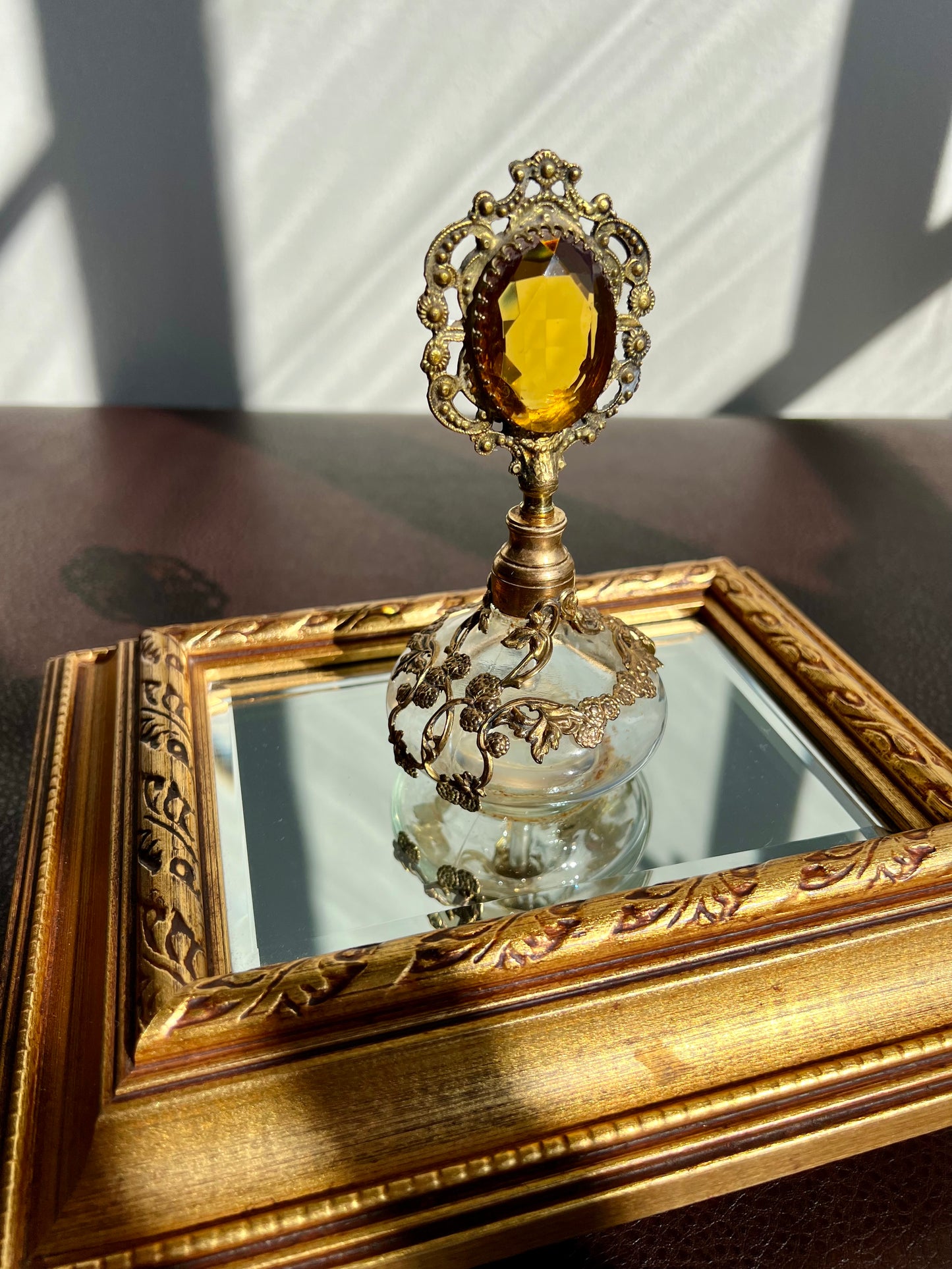 Gold Plated Ornate Perfume Bottle with Topaz Color Stone and Dauber, Ormolu Filigree