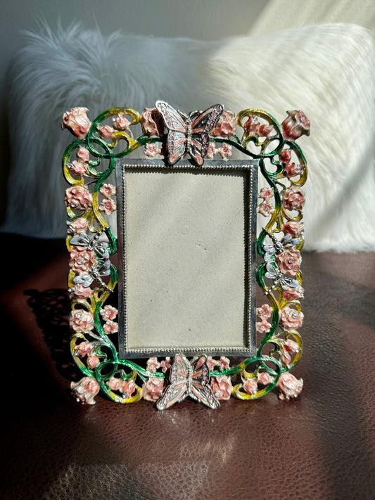Decorative Vintage Enameled Metal Picture/ Photo Frame with Rhinestoned Butterflies, Dragonflies and Pink Roses