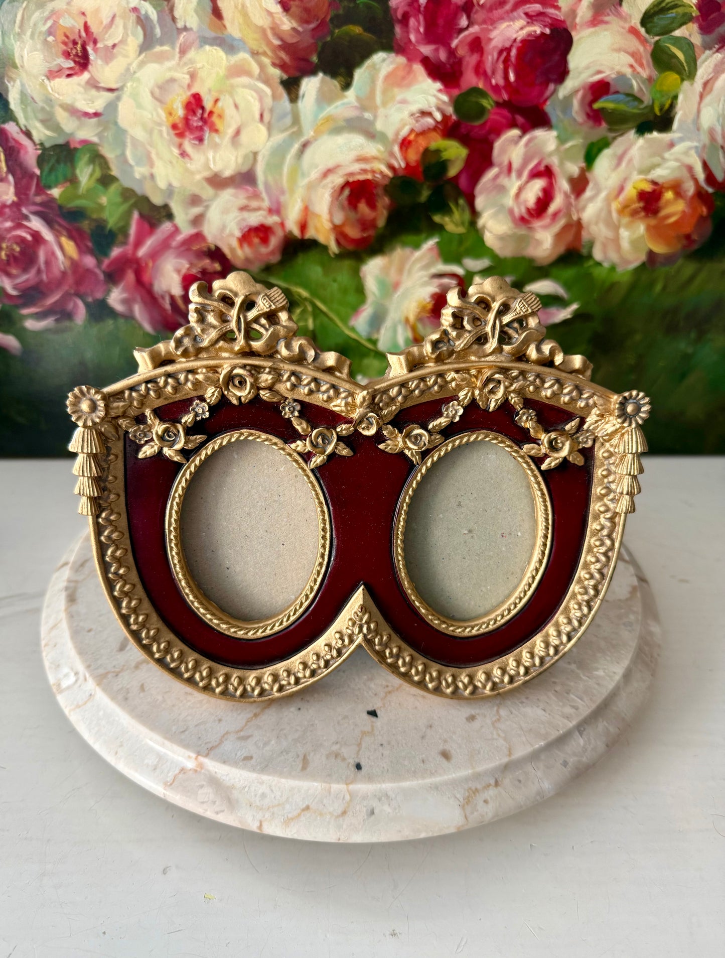 French Baroque Style Vintage Gold And Burgundy Oval Double Photo Frame (NOT Brass)
