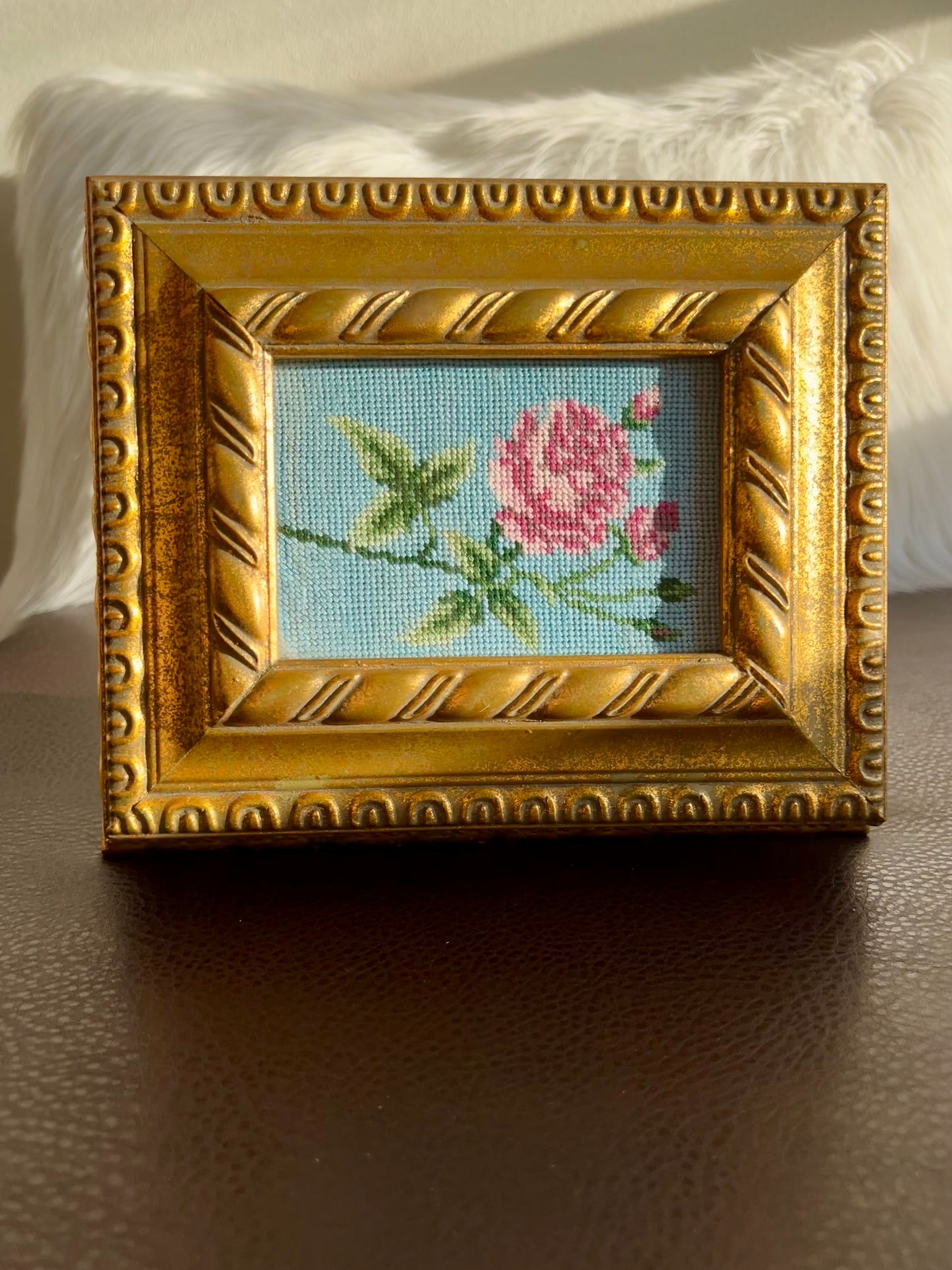 Florentine Style Vintage Gilded Wooden Jewelry Box with Tapestry Flower Decoration on Top Lid, Black Plush Lining Inside