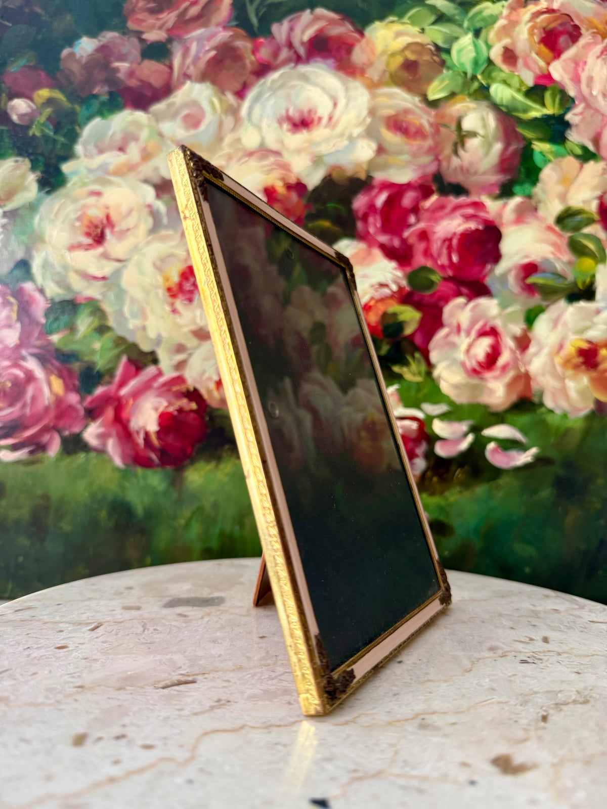 Elegant Gold-tone Classic Leaf and Floral Motif and Pastel Pink Enamel Style Vintage Photo or Picture Frame