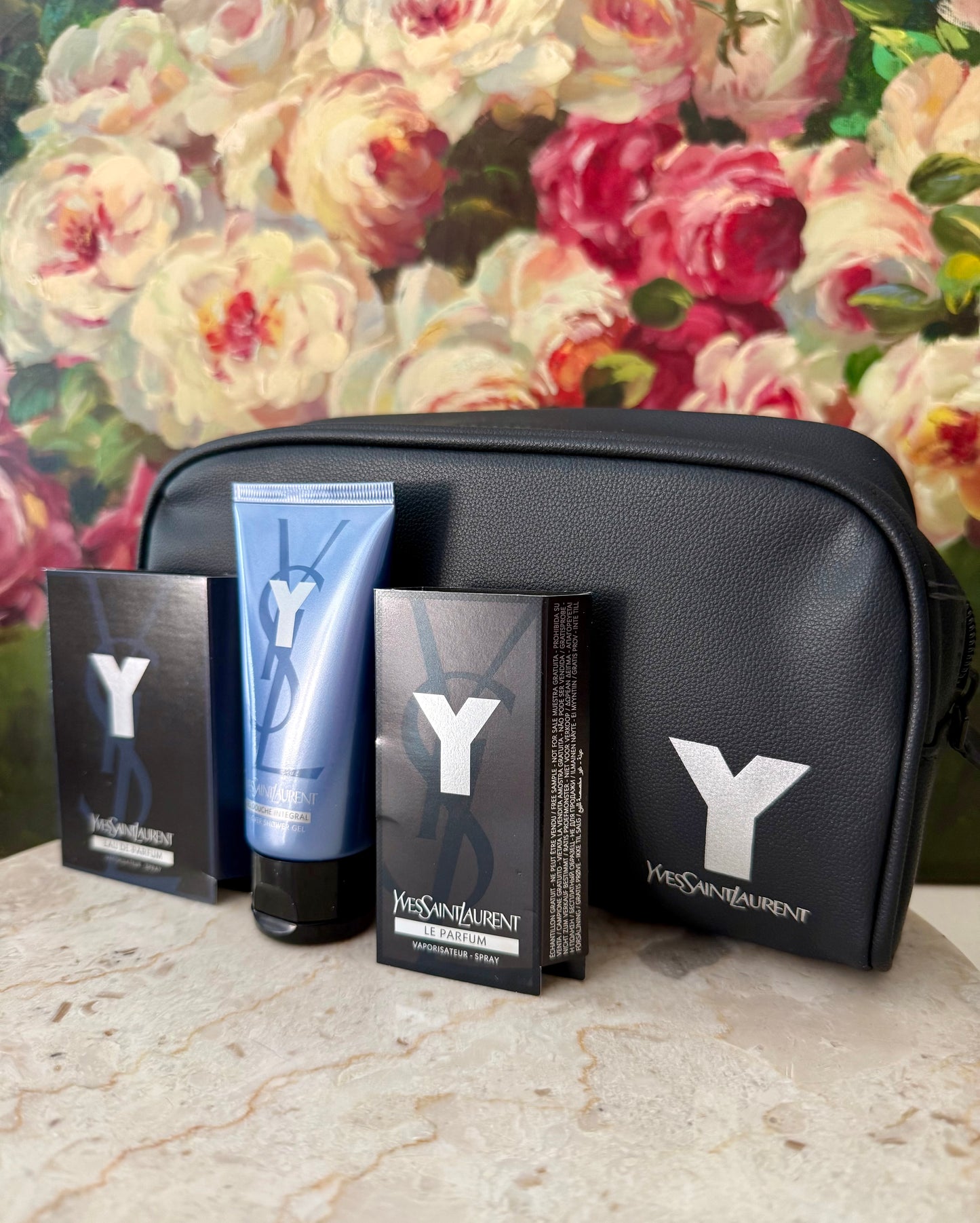 YSL, Yves Saint Laurent Y Eau de Parfum Gift Set, with Two Perfume Samples, a Shower gel, and Matching Pouch