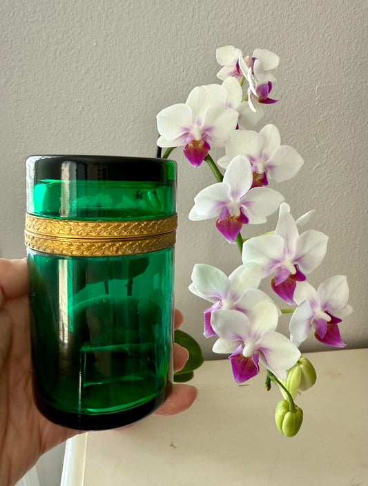 Antique Emerald Green Italian Murano Glass Cylindrical Jewelry or Trinket Box with Bronze Dore Gold Brass Mounts