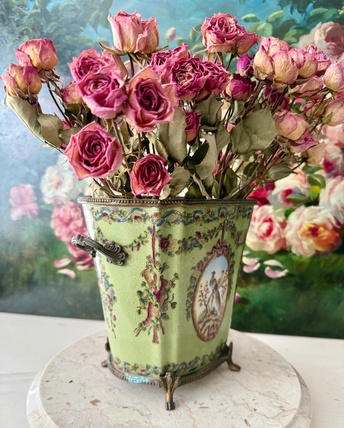 Antique Green Pheasant Bird and Floral Garland Porcelain Brass Footed Cache Pot or Jardiniere