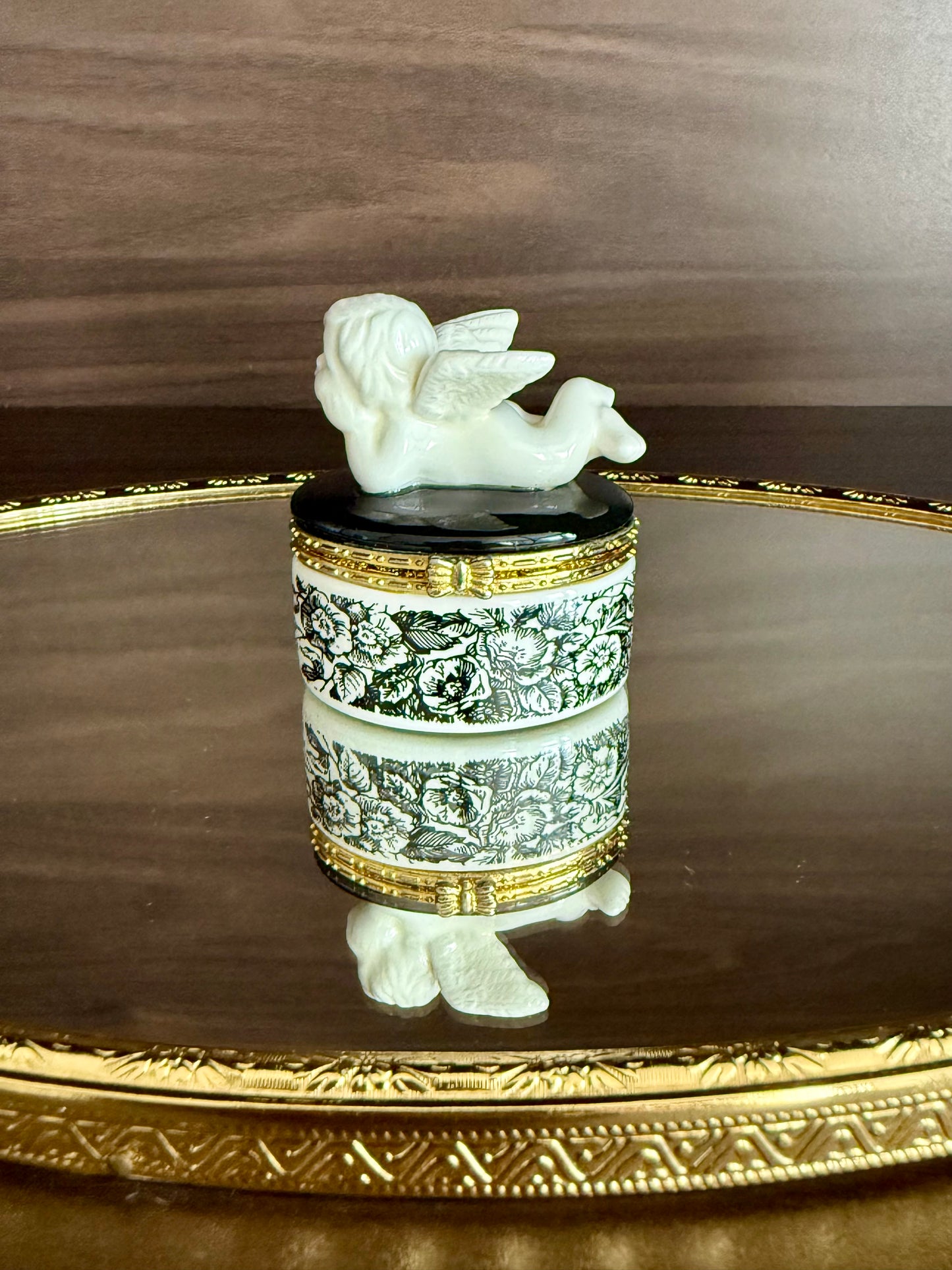 Angel Cherub Black and White Porcelain Vintage Mini Hinged Jewelry, Pill or Trinket Box