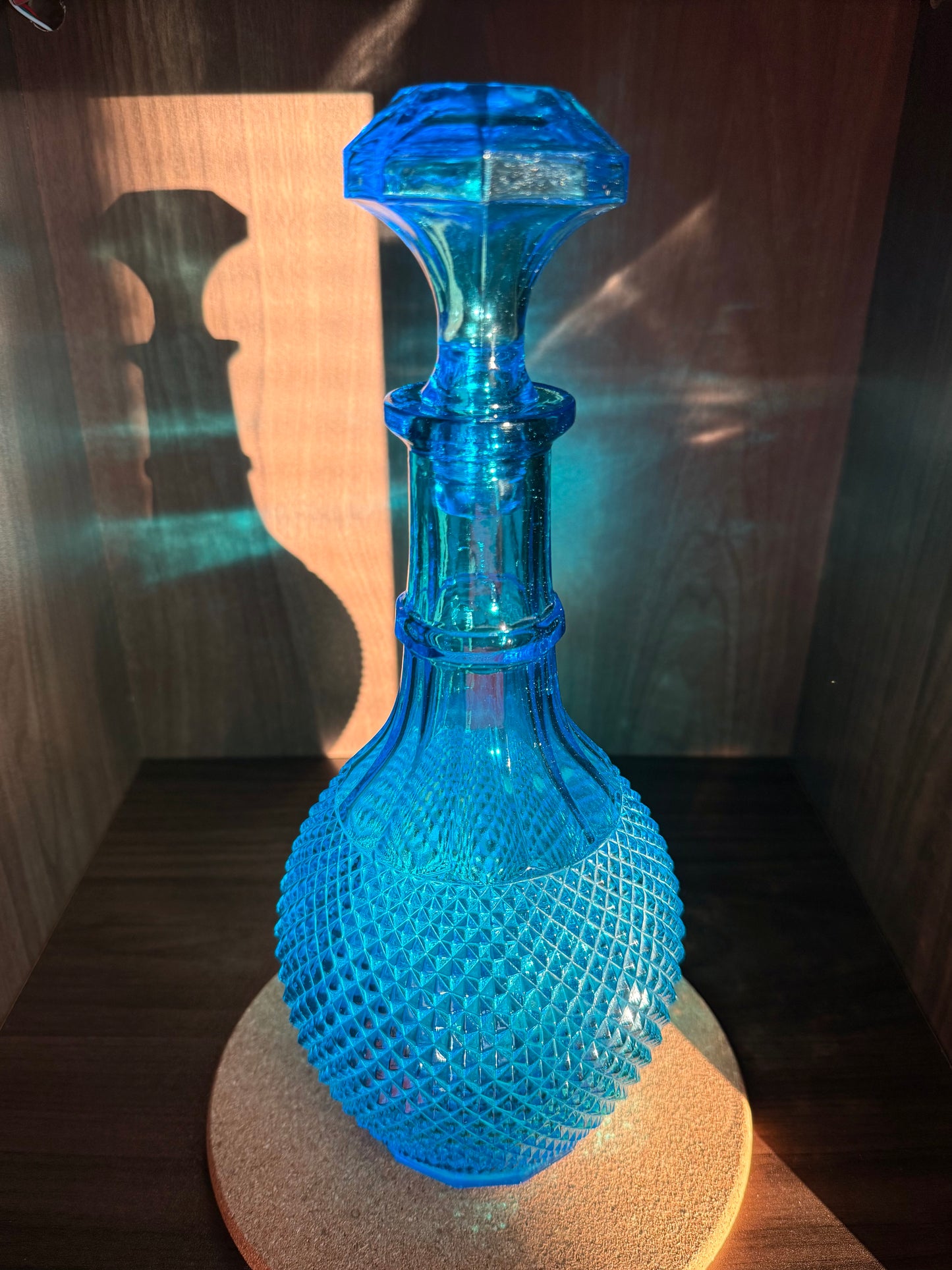 Mid-Century Italian Vintage Empoli-Style Blue Diamond Cut Glass Decanter Bottle