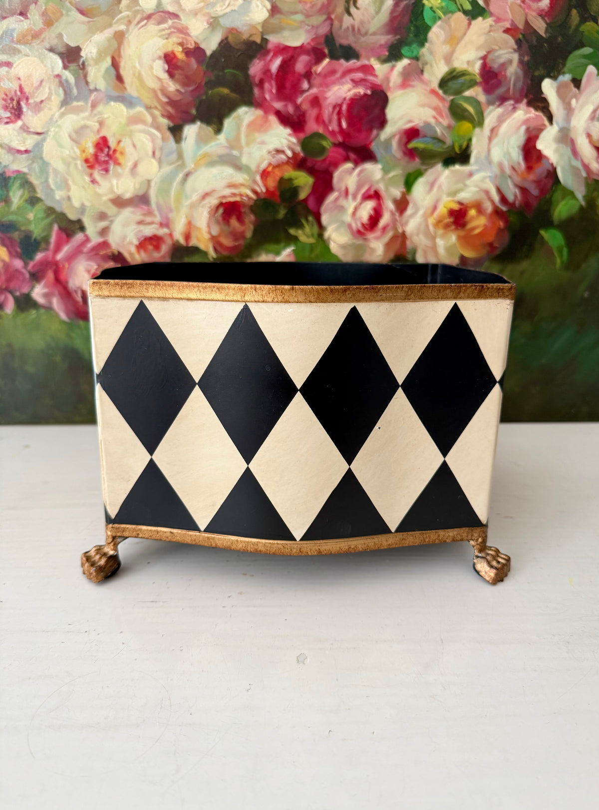 Vintage Hand-painted Metal Flower Pot/Planter with a Harlequin Pattern and Claw Feet