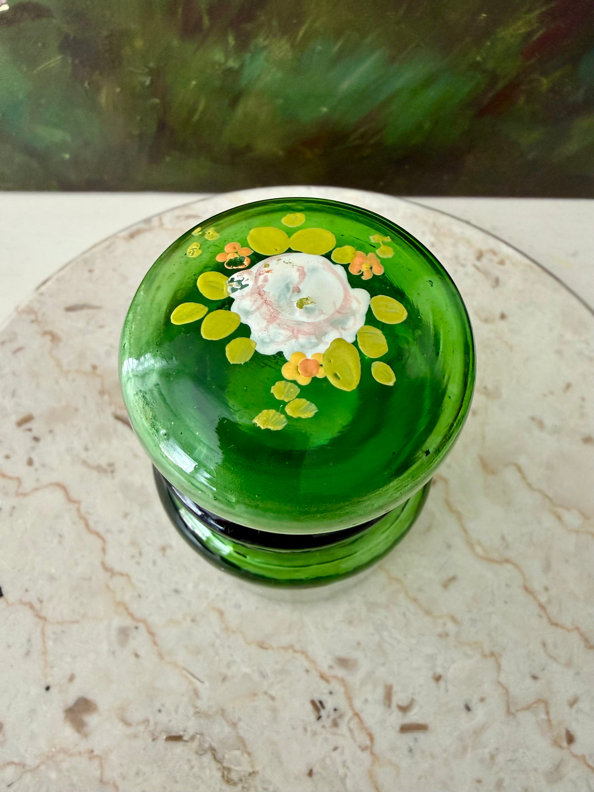 Emerald Green Vintage Belgium Apothecary Jar Glass with Handmade Floral Painting on the Bubble Top Lid