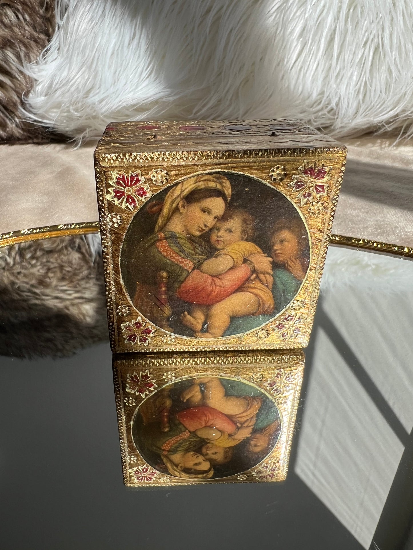 Italian Florentine Vintage Wooden Gold Gilded Box on the Top Madonna and child with St.John By Raphael