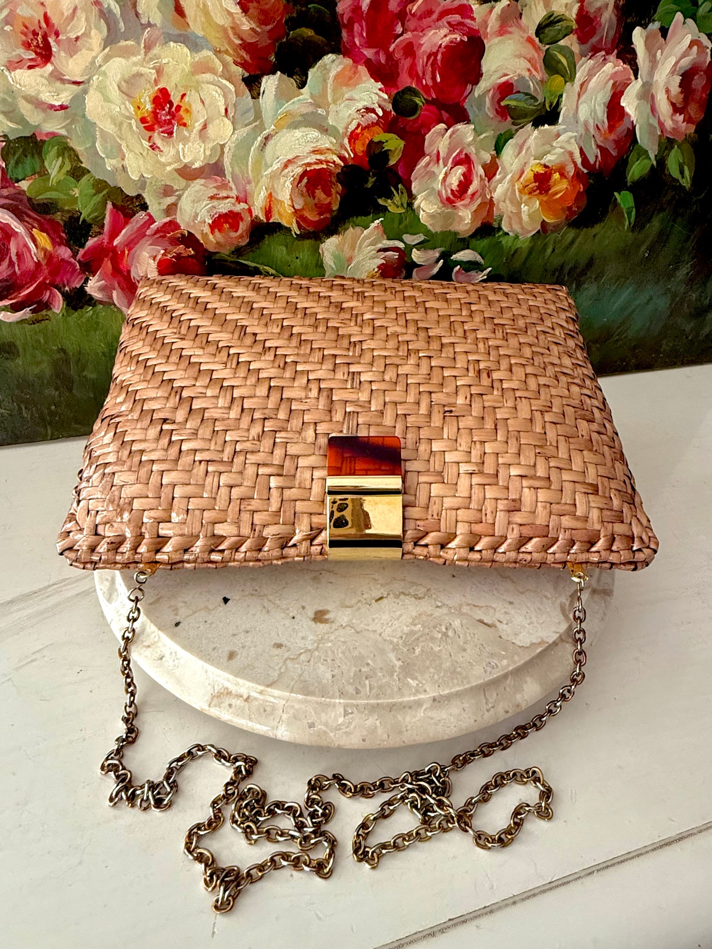 Vintage RODO Italian Style Glazed Wicker Purse or Clutch with Chain Shoulder Strap