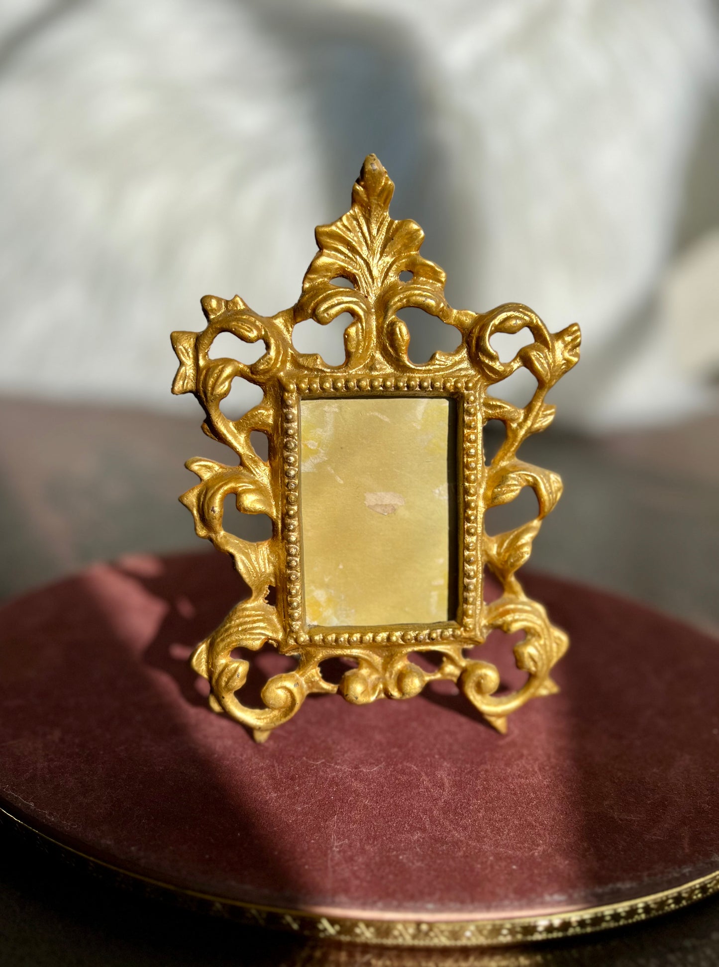 French Ornate Victorian Rococo Style Heavy Metal Brass Vintage Mini Square Picture Frame with Golden Gilt Finish (1 pc)