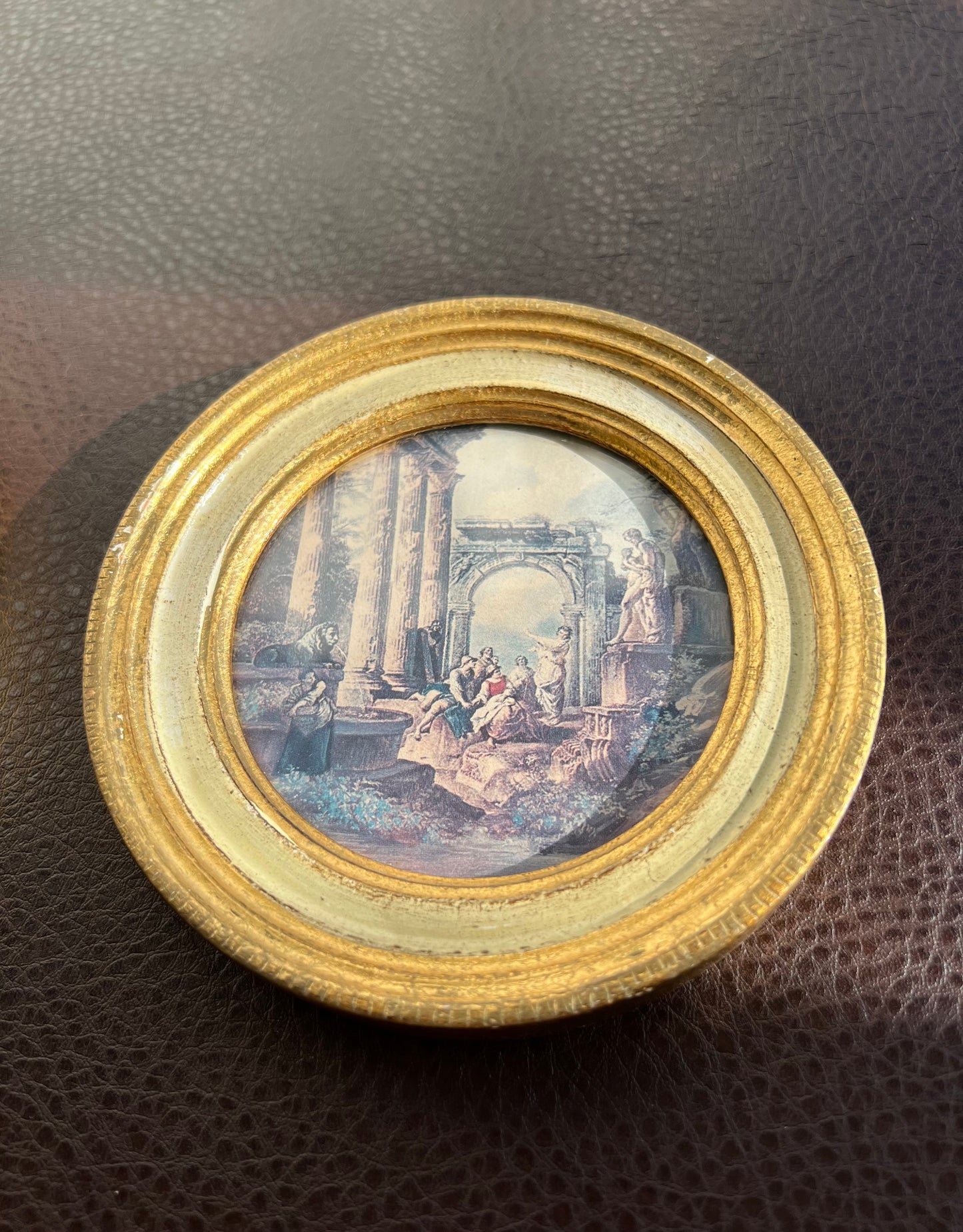 Italian Miniature Round Vintage Florentine Gilt Wood Framed Print