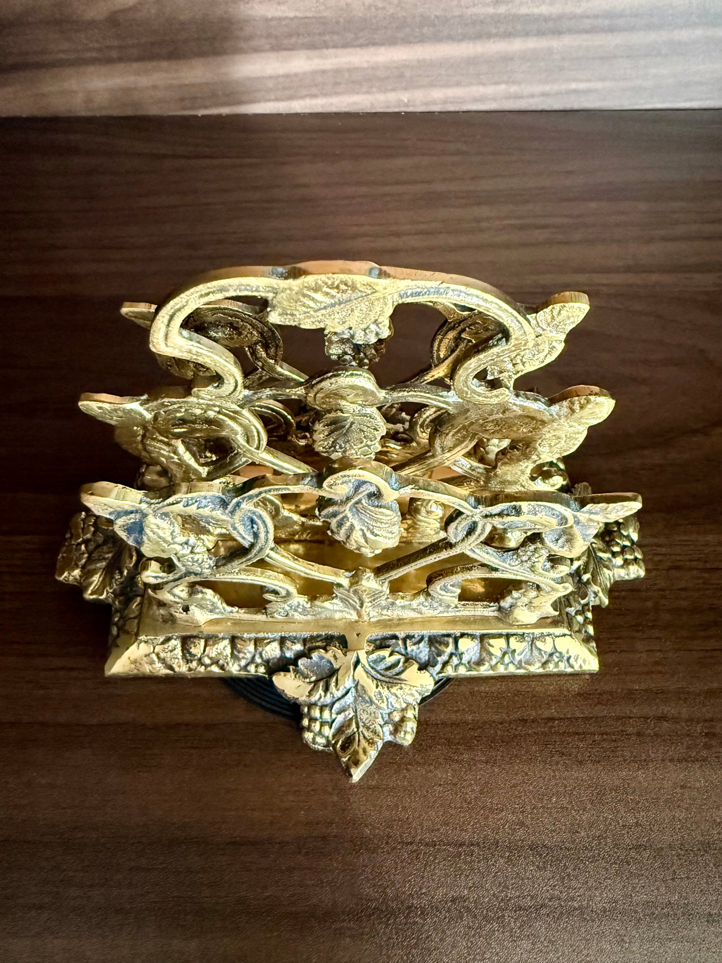 Vintage Brass Letter or Napkin Holder Desk Organizer with Grape Leaf Decoration, Made in England