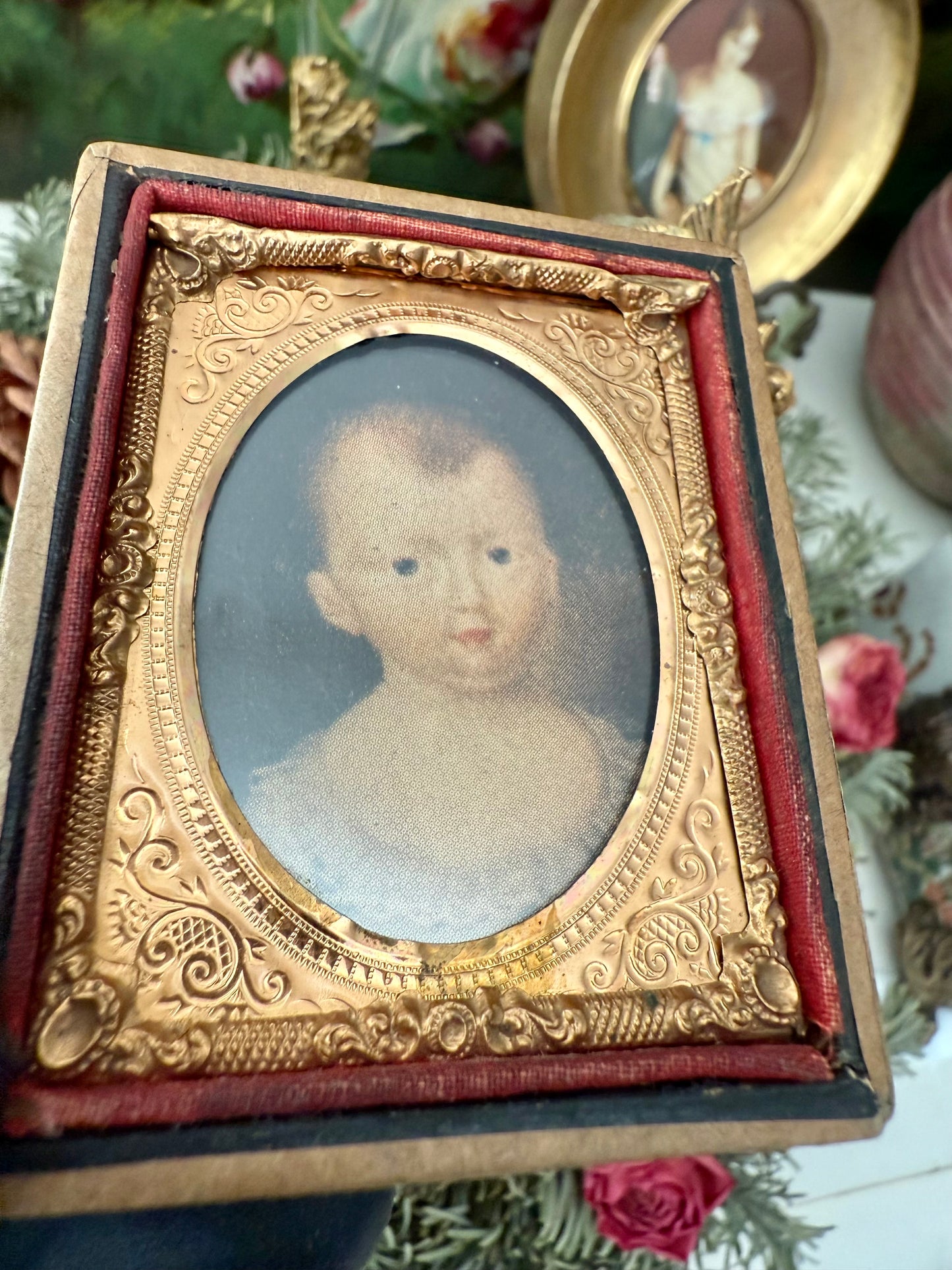 Vintage/ Antique Miniature Golden Wooden Frame with Print Portrait of a Baby