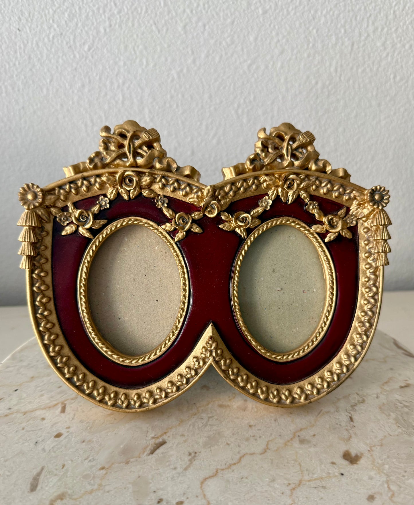 French Baroque Style Vintage Gold And Burgundy Oval Double Photo Frame (NOT Brass)