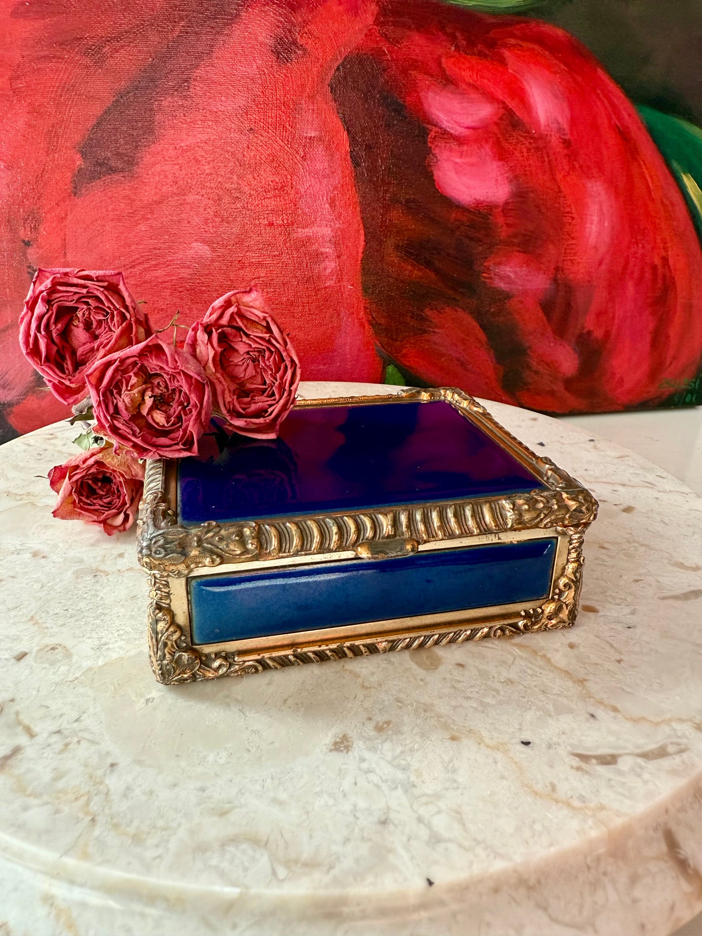 Royal Bovano Italian Style Cobalt Blue Enamel Vintage Cigarette Case or Jewelry Box from the 1950s or 1960s