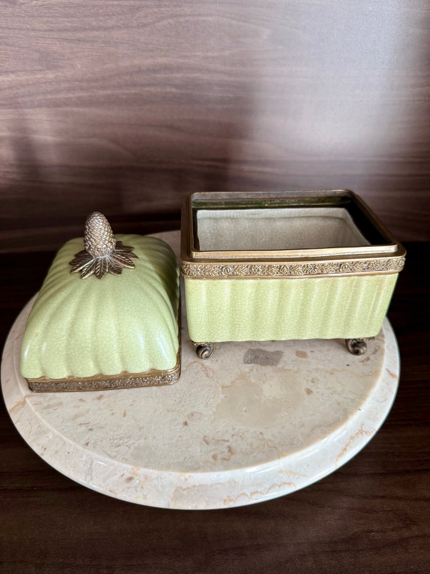 Vintage Porcelain Trinket Dish or Jewelry Box in a Glossy Crackle finish & Bronze Trims on four Legs