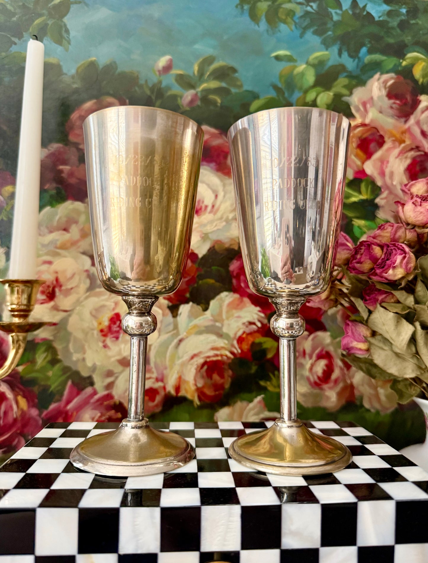 A Pair of Vintage Silver-Plated Wine Glasses with Long Stems and Slightly Flared Tops - these from the estate of Hollywood actor, writer, director, and producer Howard Storm