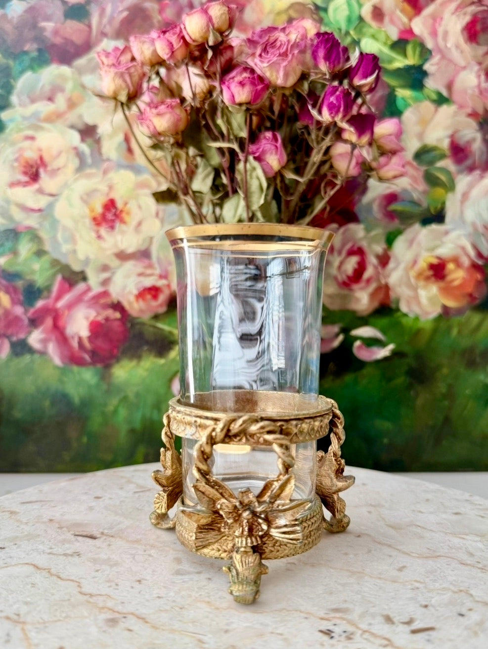 Vintage Hollywood Regency Italian Style Gold-plated Brass Ornate Floral Tumbler Stand with Glass Vase