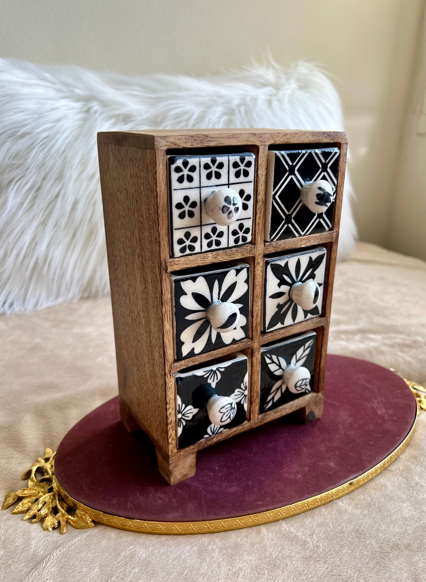 Hand Painted Wooden Chest with Ceramic Drawers and Jewelry Storage