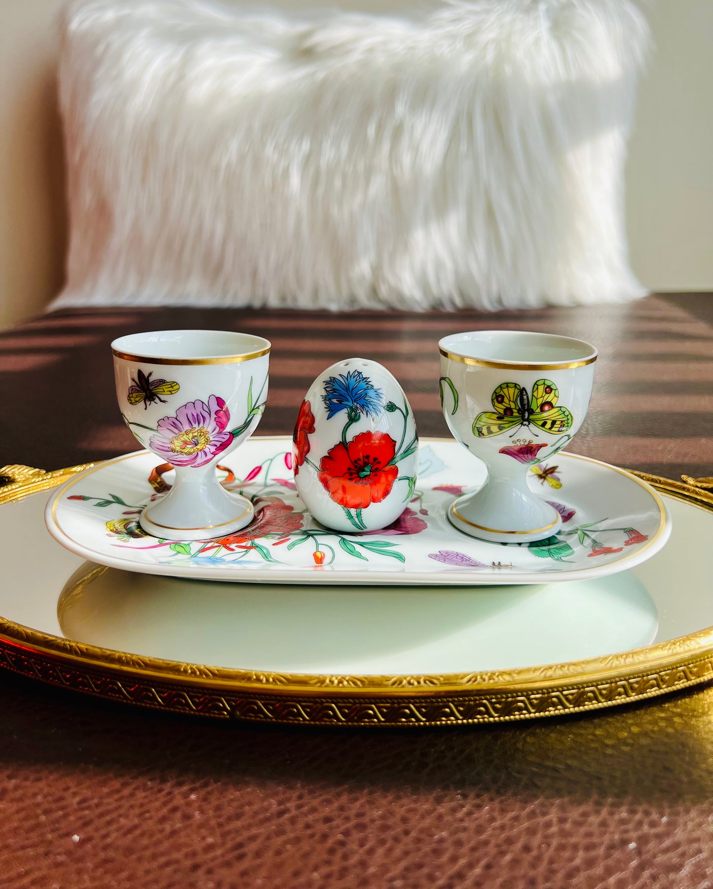 1980s Gucci Bernardaud Limoges Floral & Butterfly Print Porcelain Egg Cup and Salt Shaker Set, Made in France