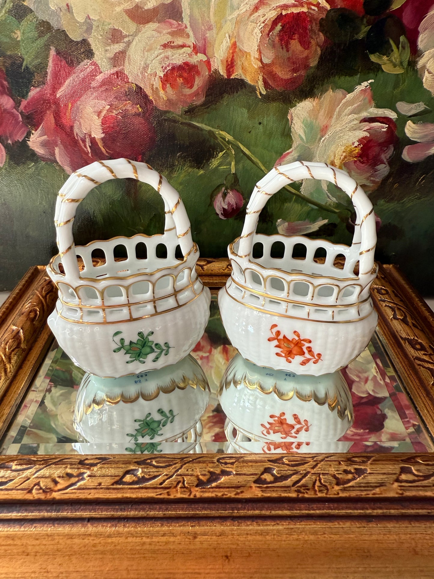 Herend Hungarian Vintage Mini Porcelain Basket with Handle - Made in Hungary