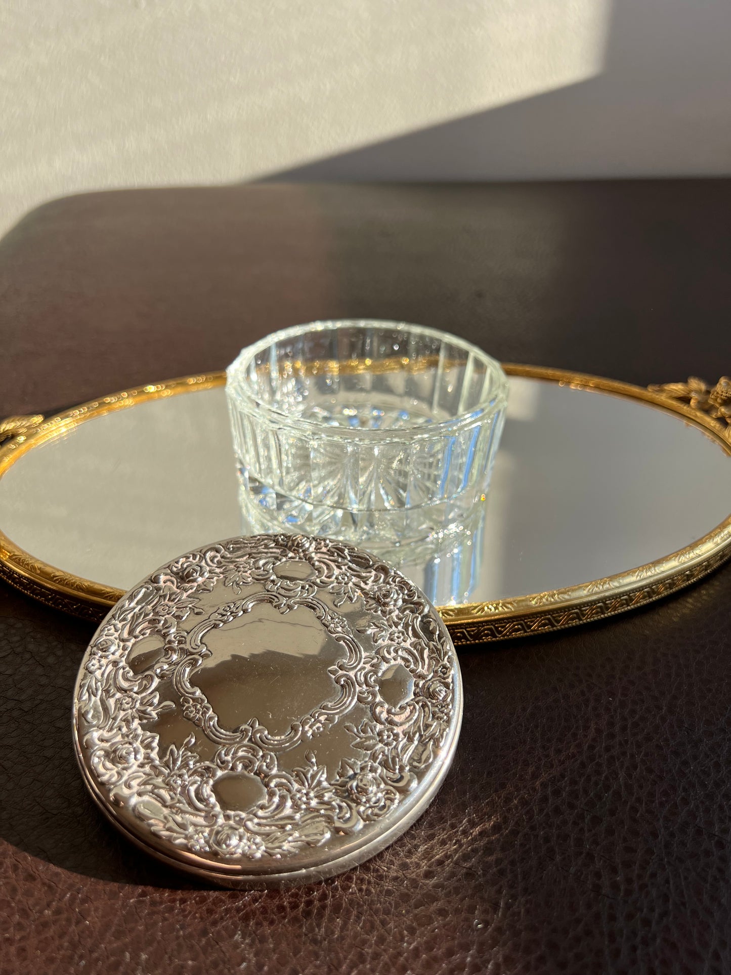 Vintage GODINGER Glass Powder Jar Ornate with Heavy Silver-plated Lid on the Top & Mirror