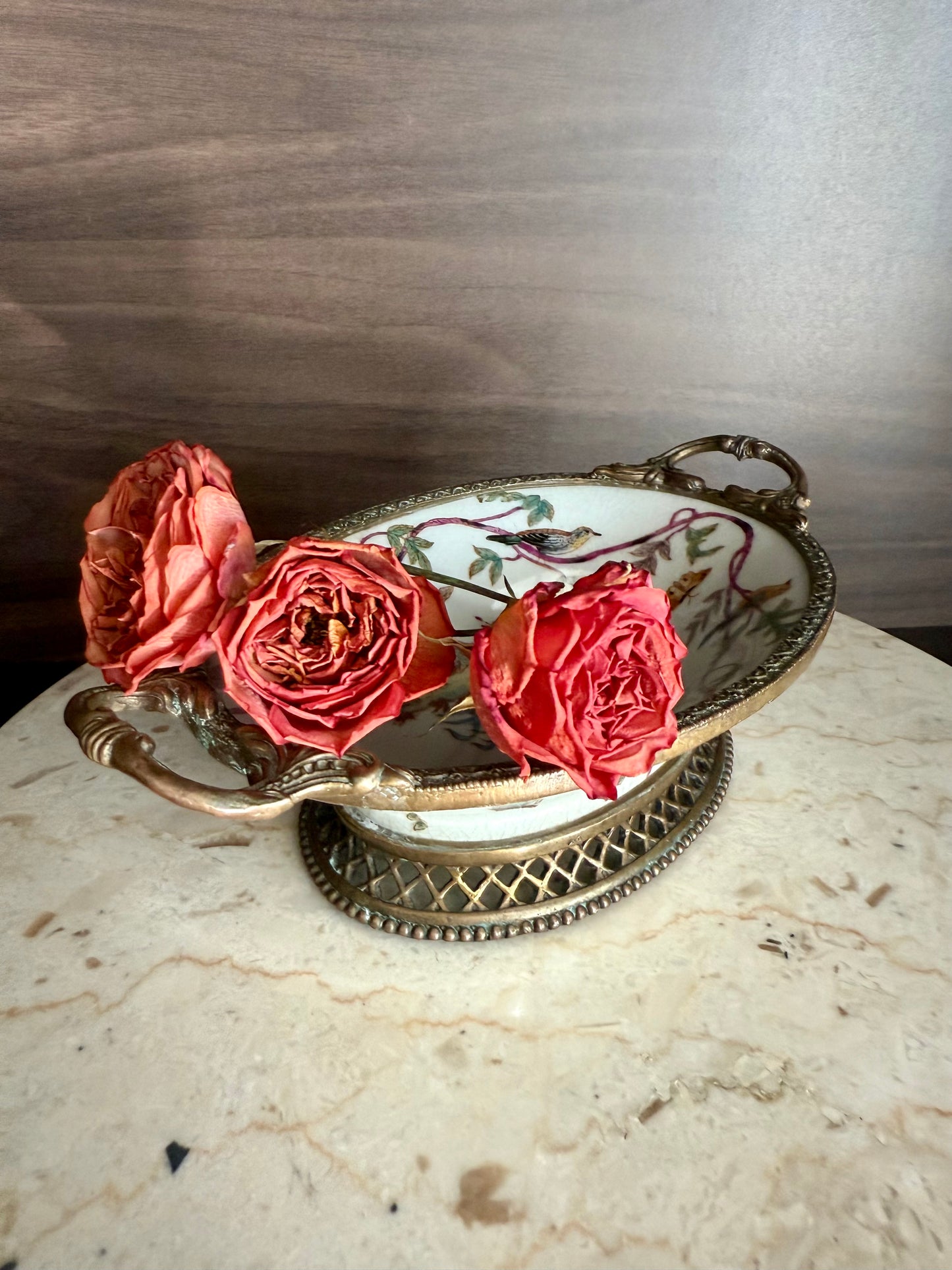 Beautiful Vintage Oval Soap Dish with Brass Feet and Handles with Floral and Bird Motif