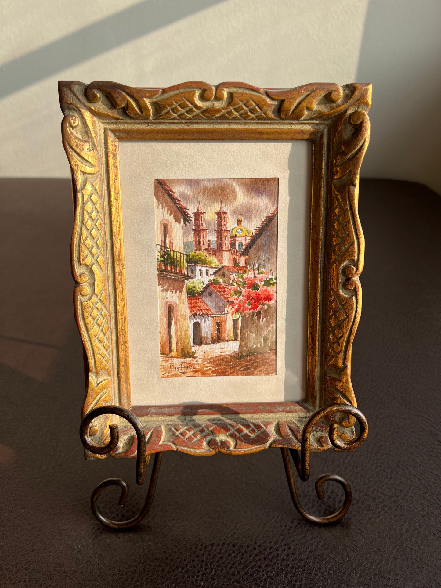 Watercolor Original Art Signed Vintage Painting with Gilded Wooden Frame