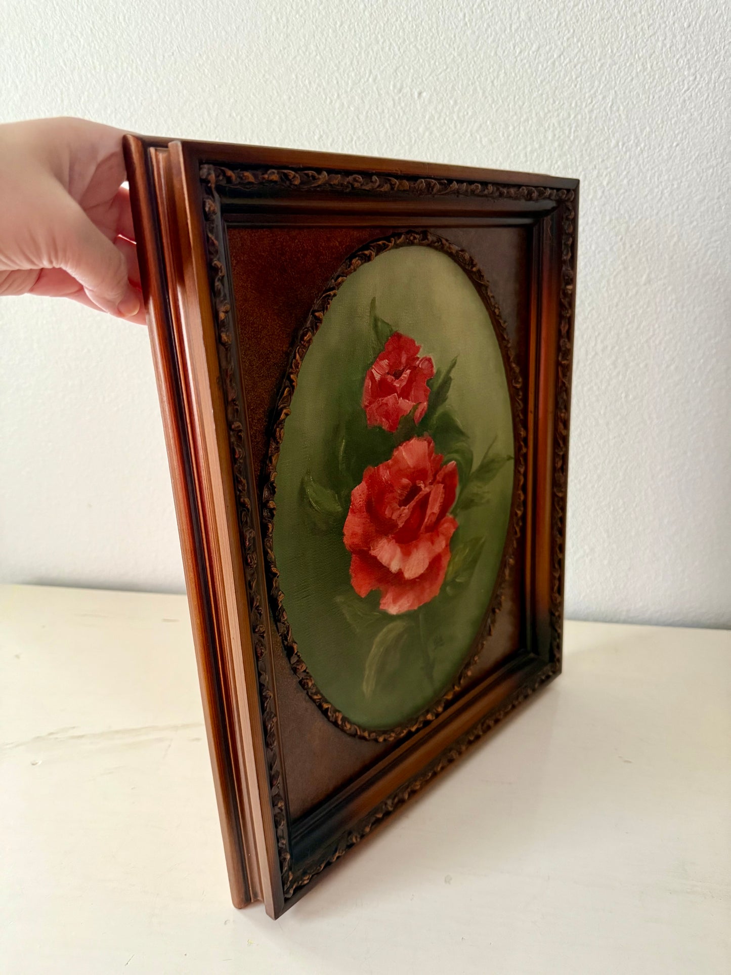 Vintage Oil Painting Red Roses on Canvas in Wooden Frame Signed by the Artist