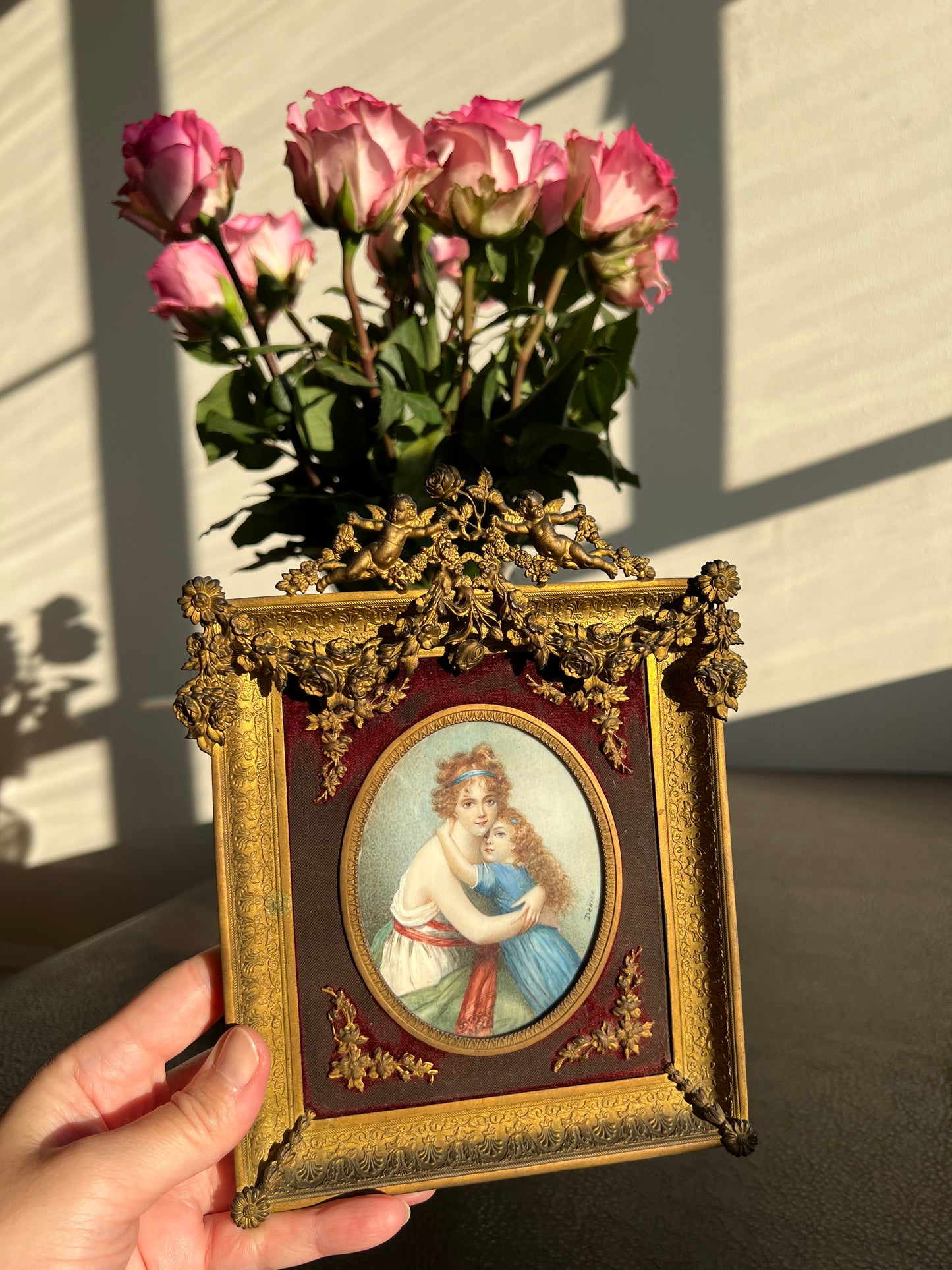 Antique French Mother and Daughter Miniature Portrait Signed Painting, Bronze Framed circa Late 19th Century