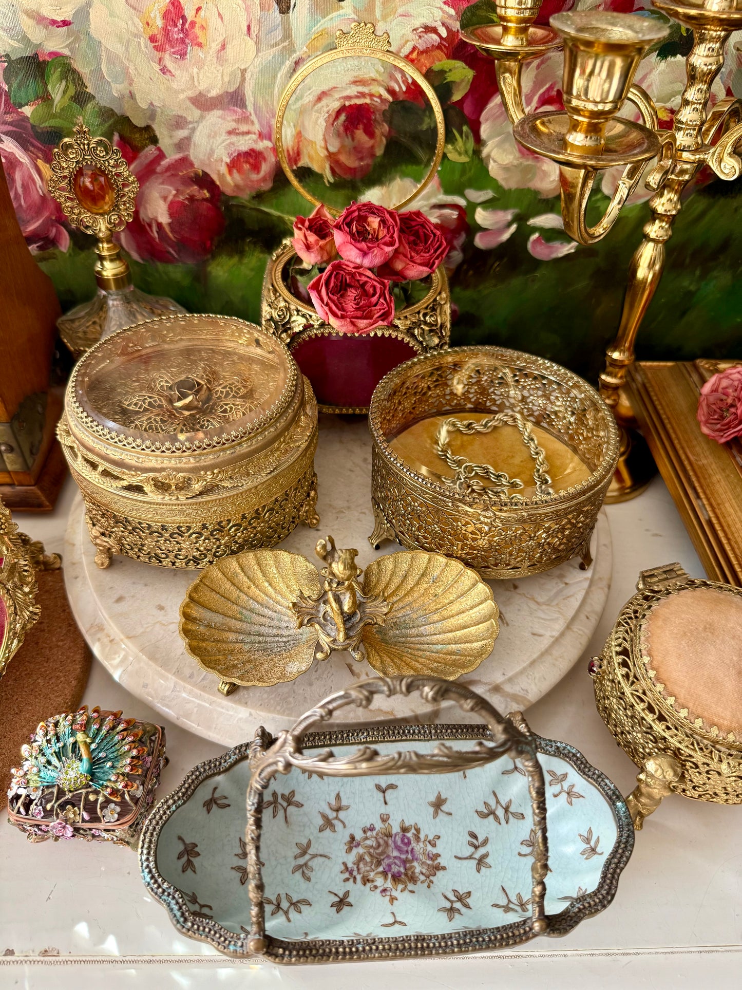 Antique-Looking Art Nouveau Style Porcelain Floral Crackle Glazed Footed Basket Trinket Dish with Bronze Handle