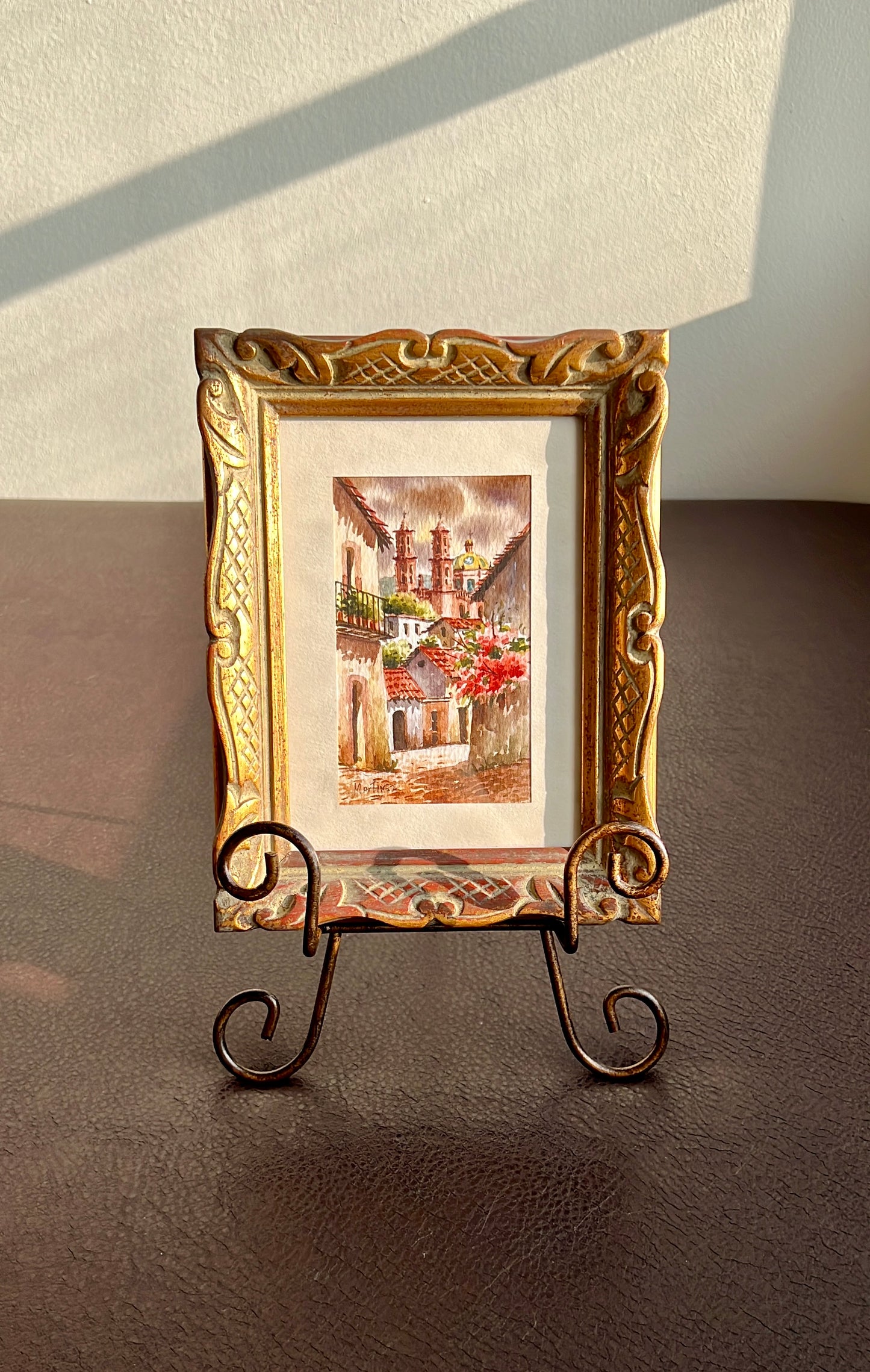 Watercolor Original Art Signed Vintage Painting with Gilded Wooden Frame