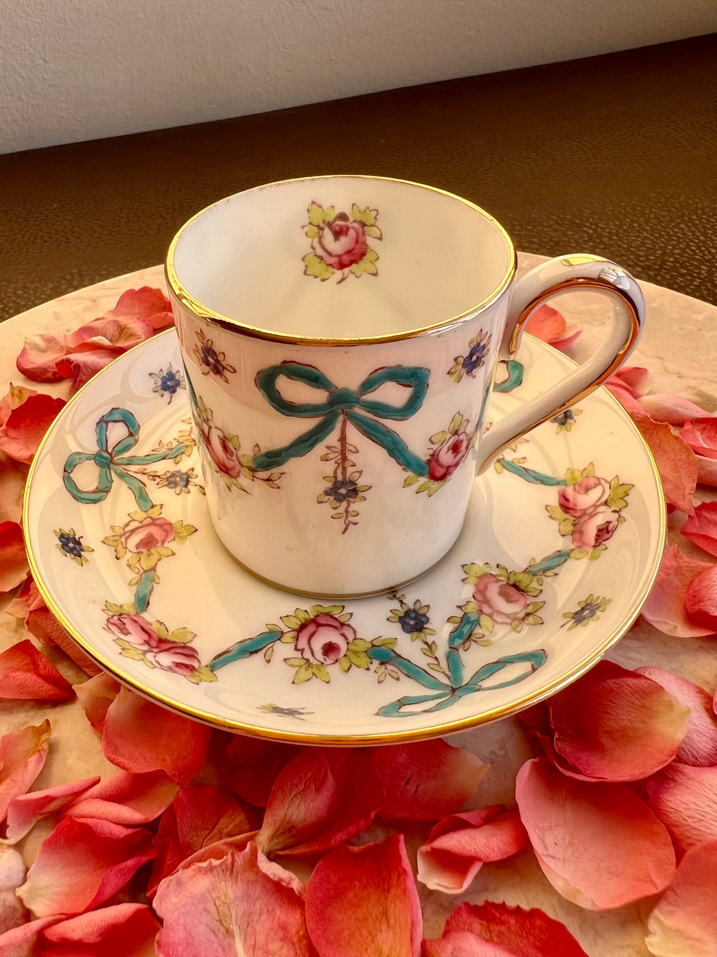 Crown Staffordshire Bright Blue Enameled Ribbon and Looped Bows Pattern Coffee Cup and Saucer from 1940-50's