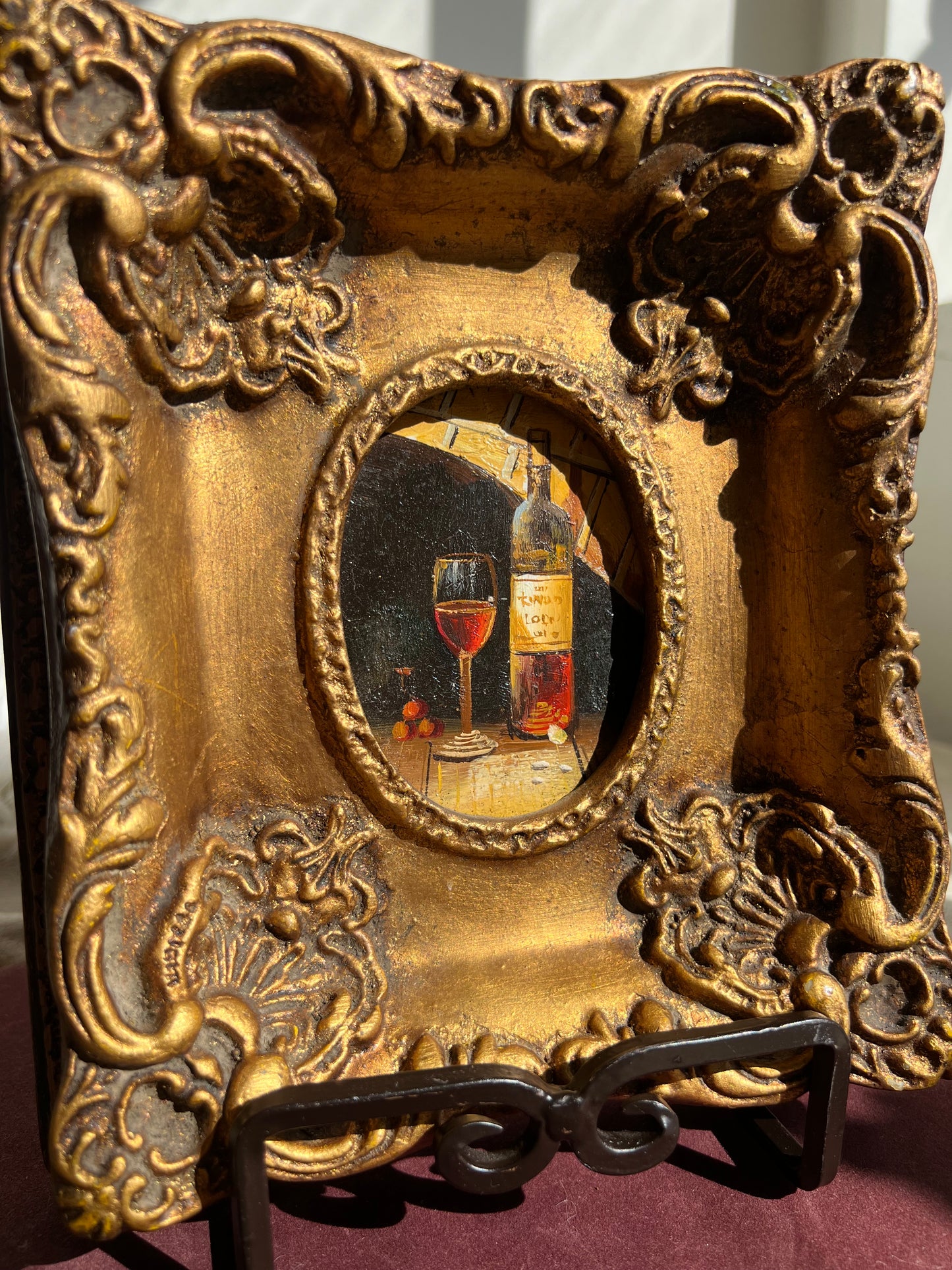 Glass and a Bottle of Wine Vintage Mini Oil Painting with Gilded Frame