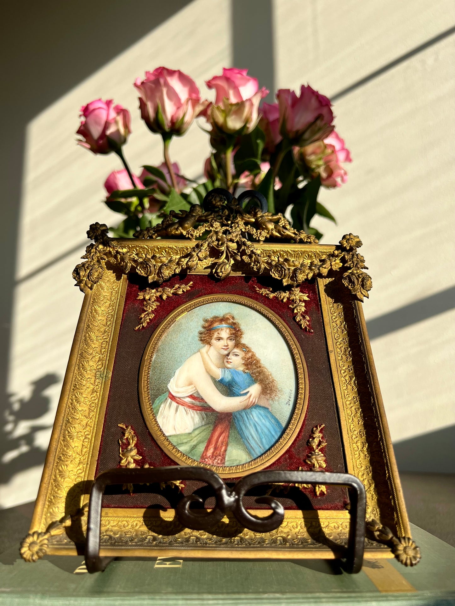 Antique French Mother and Daughter Miniature Portrait Signed Painting, Bronze Framed circa Late 19th Century