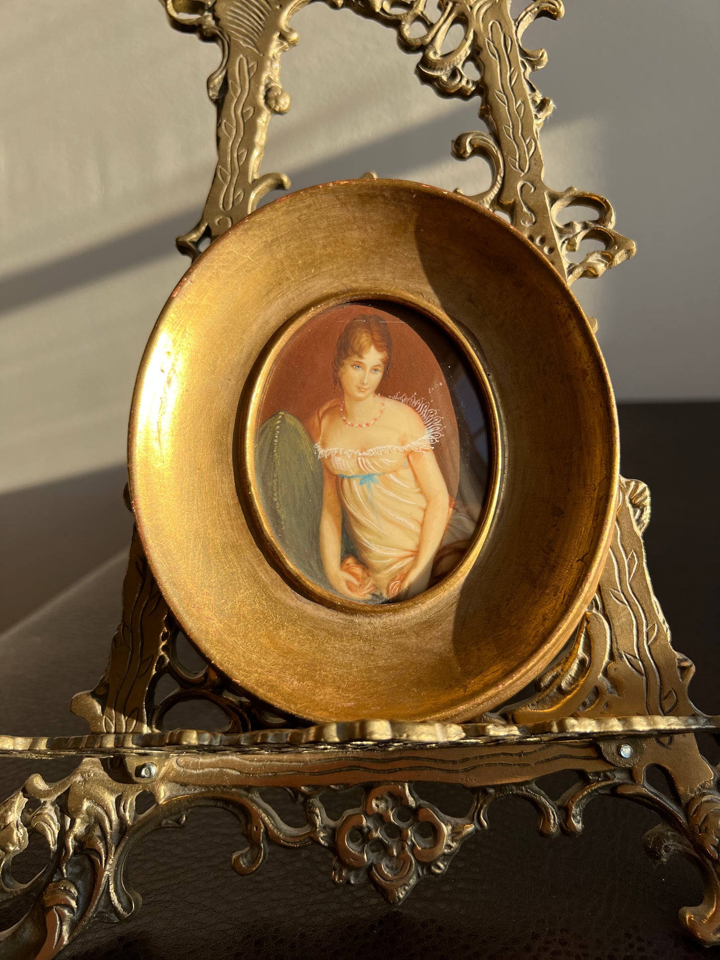 Antique/ Vintage Miniature Italian Original Hand Painted Portrait, Lady in Nightgown with Gilded Wooden Frame