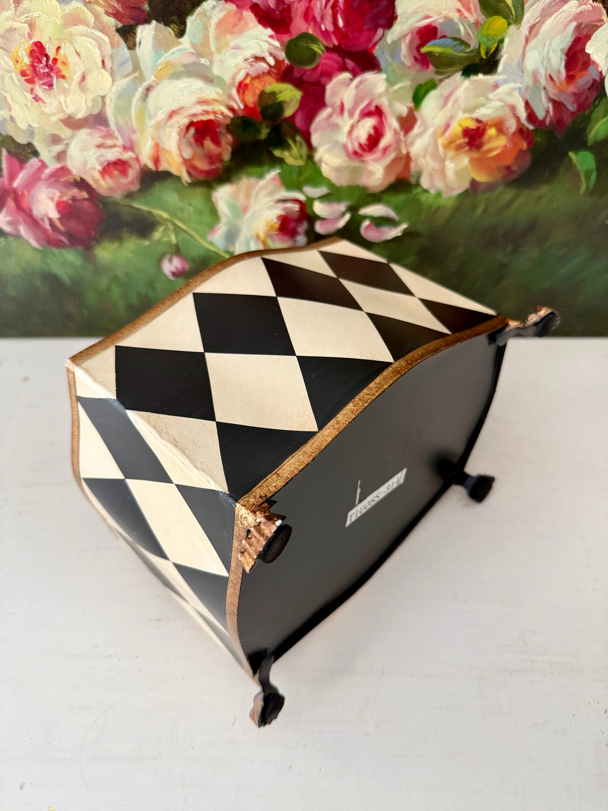 Vintage Hand-painted Metal Flower Pot/Planter with a Harlequin Pattern and Claw Feet