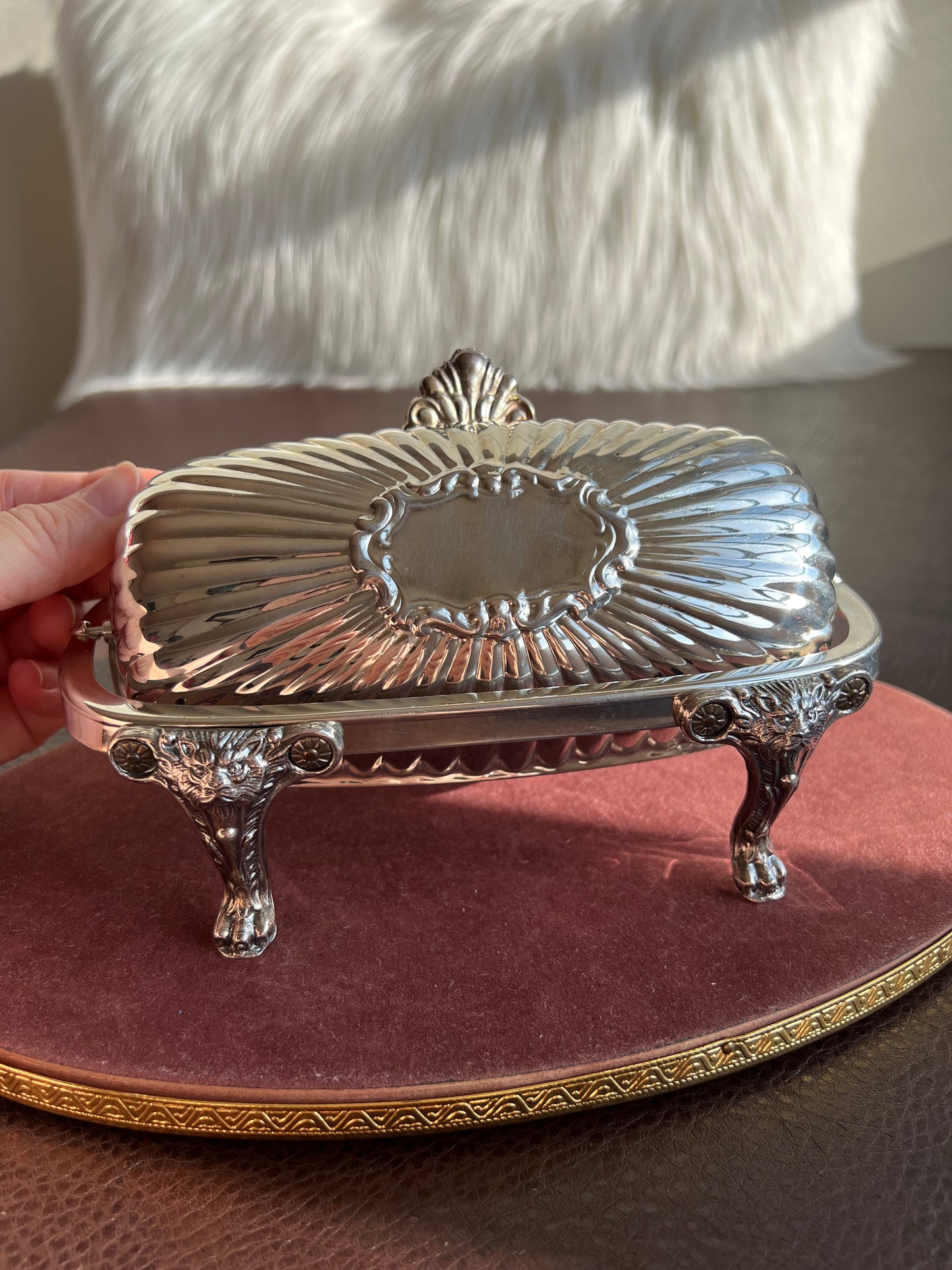 Antique F.B Rogers Silver-Plated Lion Head and Footed Butter Dish Victorian Covered Roll Top - Glass Insert