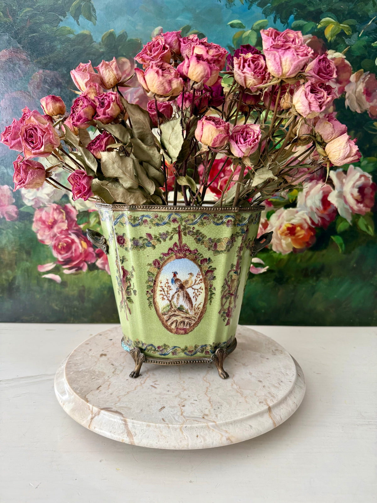 Antique Green Pheasant Bird and Floral Garland Porcelain Brass Footed Cache Pot or Jardiniere