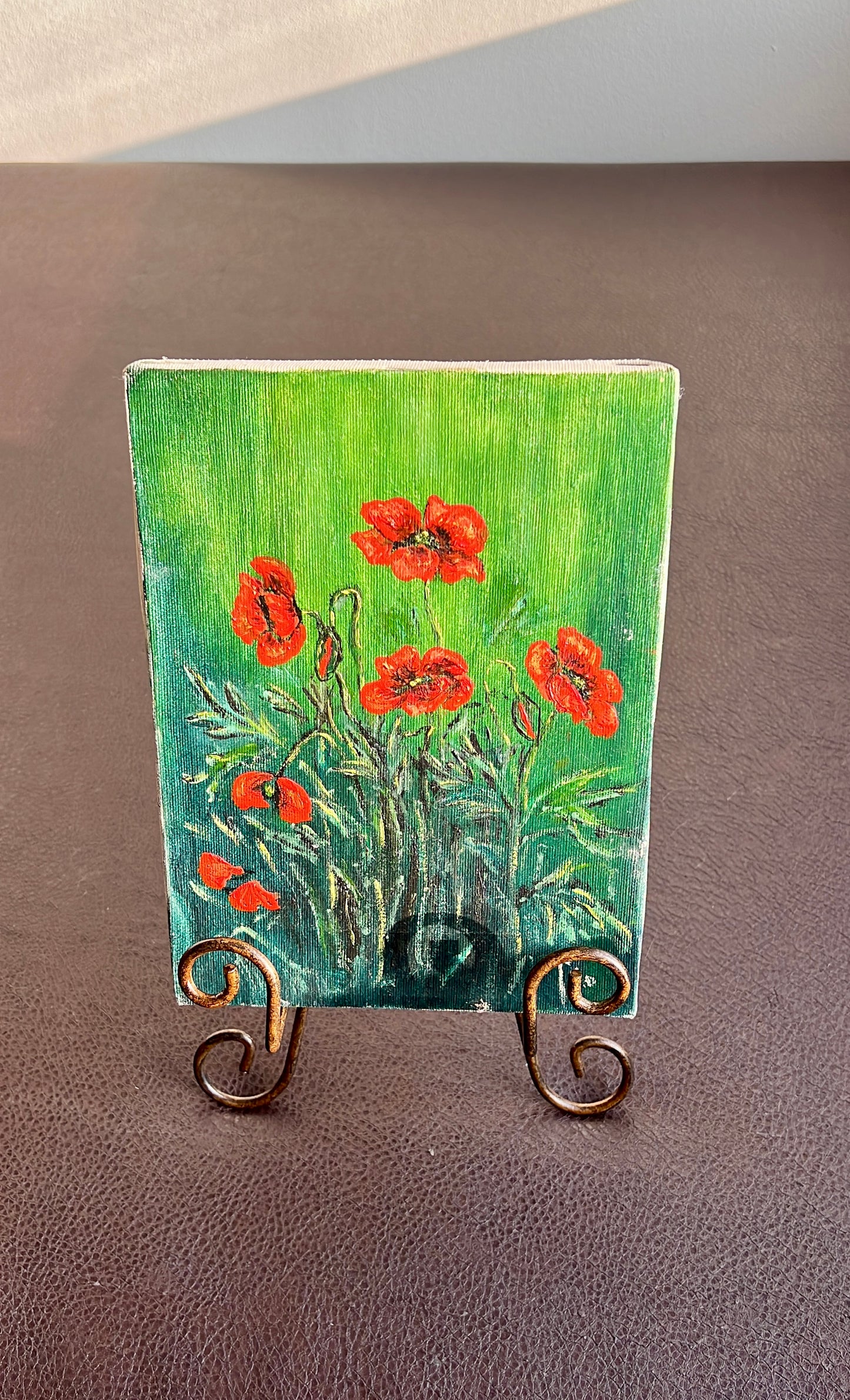 Colorful Field of Poppies Vintage Original Oil Painting on Canvas without Frame, Signed by Artist