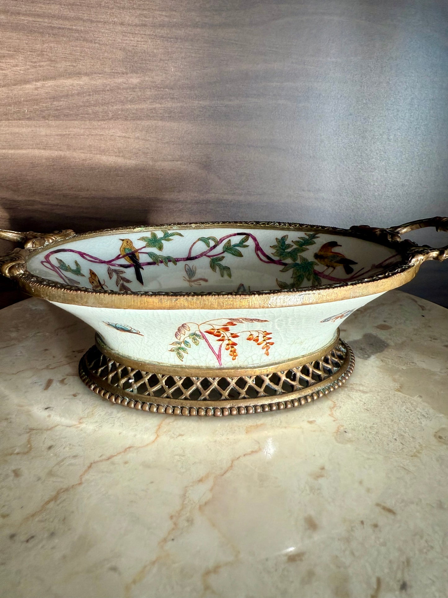 Beautiful Vintage Oval Soap Dish with Brass Feet and Handles with Floral and Bird Motif
