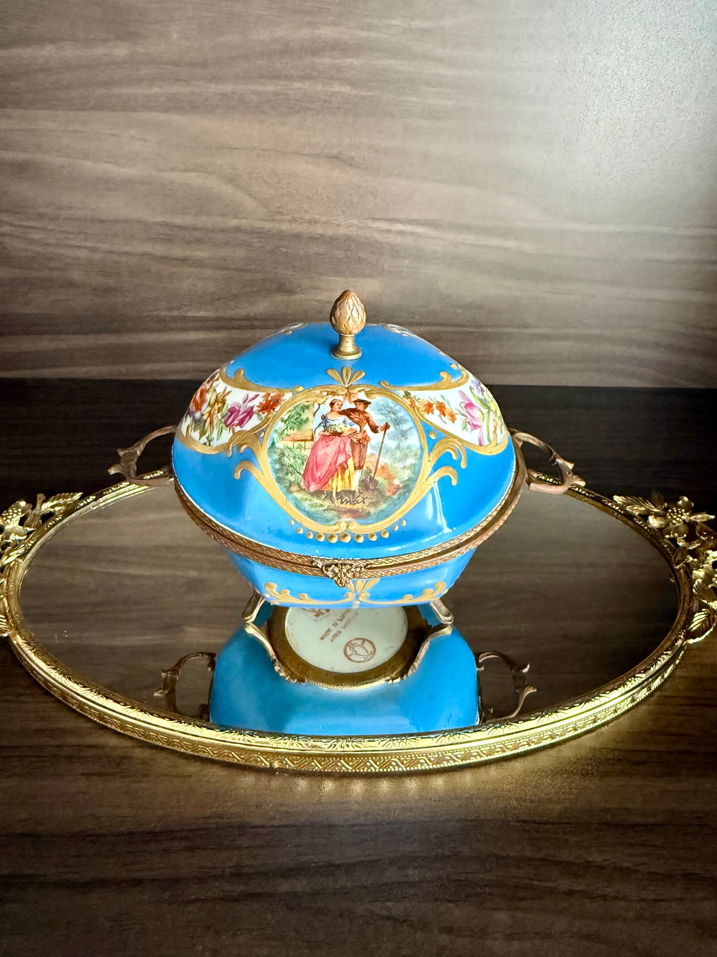 Antique Capodimonte Footed Hand Painted Blue Porcelain Dresser Box, Made In France
